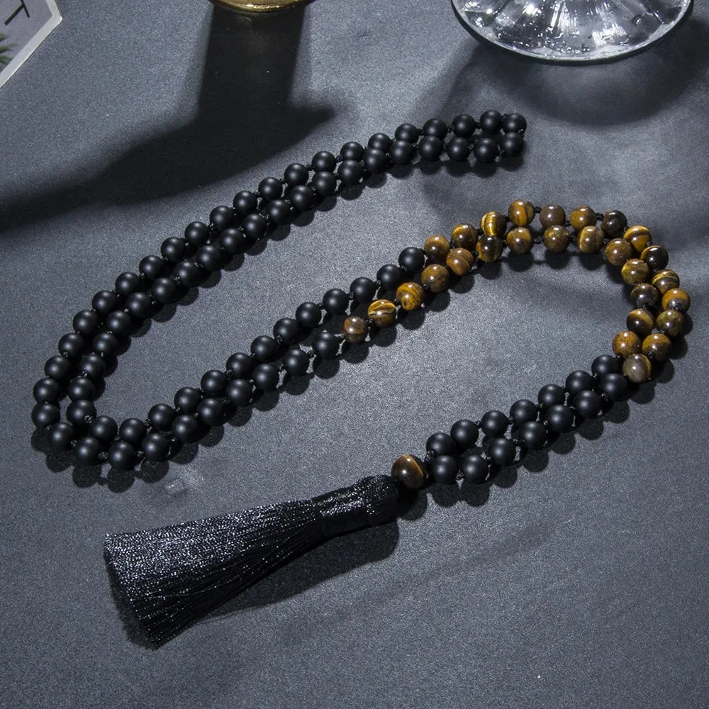 8mm Yellow Tiger Eye Matte Black Onyx Knotted 108 Mala Beads Necklace Meditation Yoga Prayer Beads
