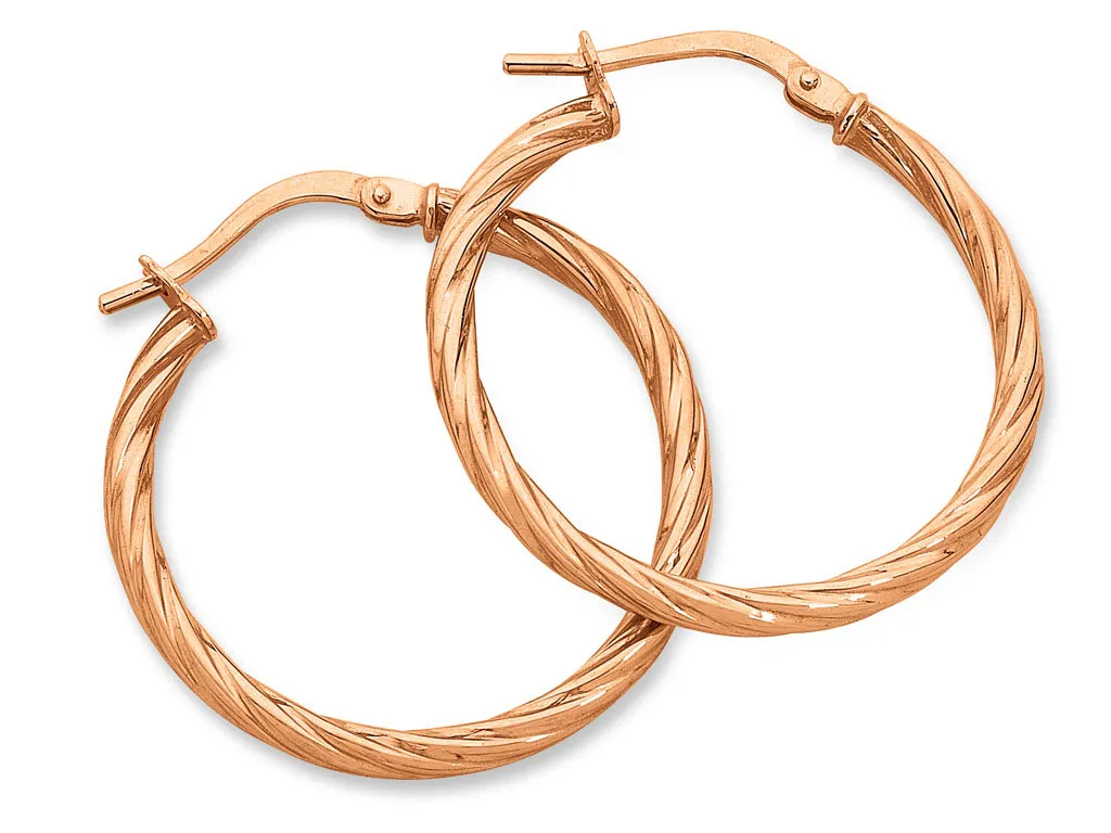 9ct Rose Gold Silver Infused Twist Hoop Earrings