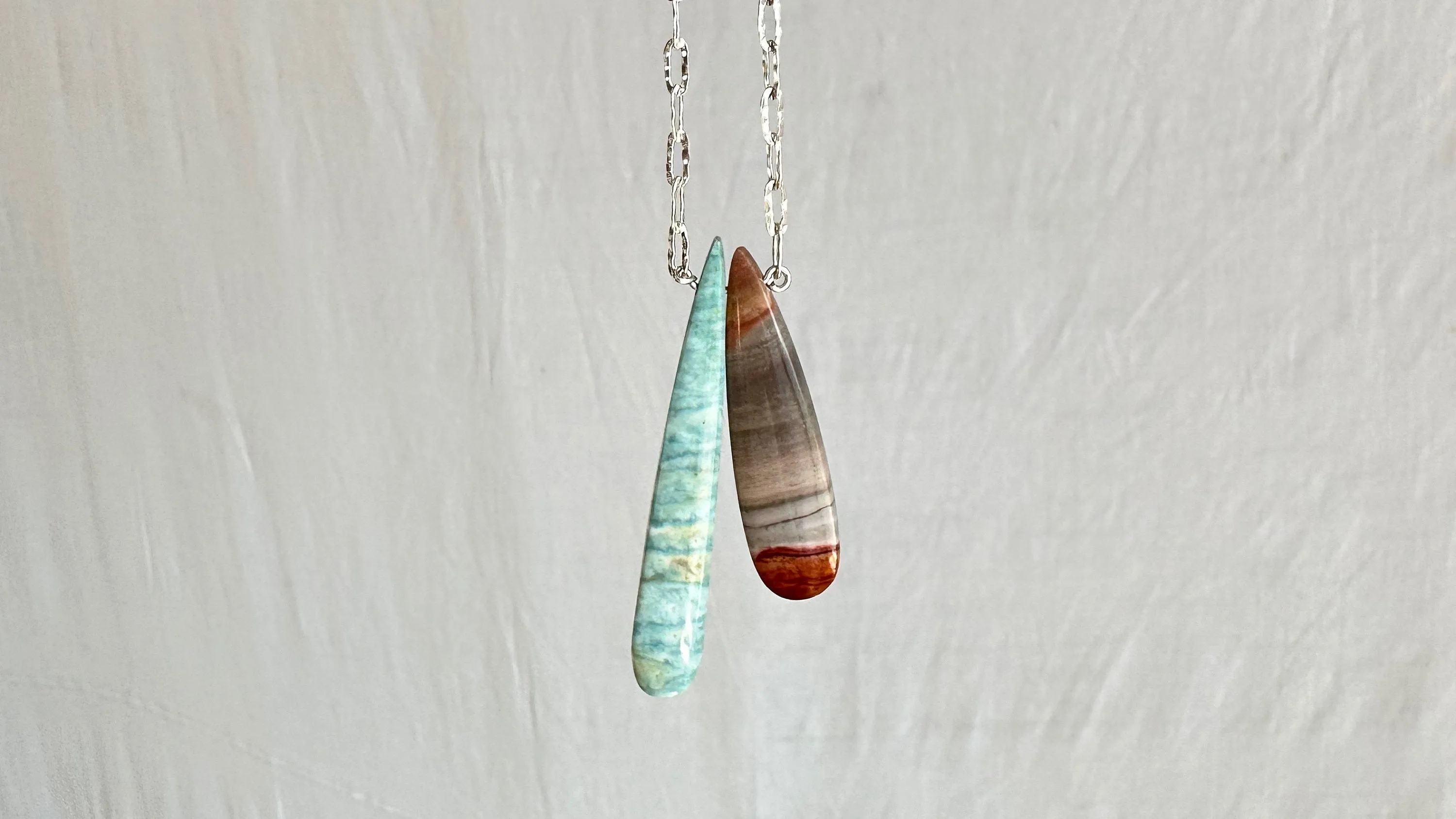 Amazonite & Jasper Pendants on a Silver Chain. Sterling Silver. 1419