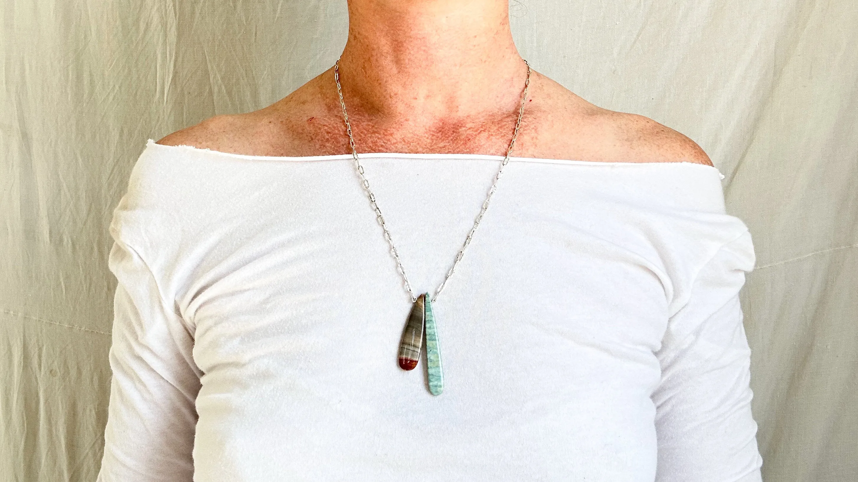 Amazonite & Jasper Pendants on a Silver Chain. Sterling Silver. 1419