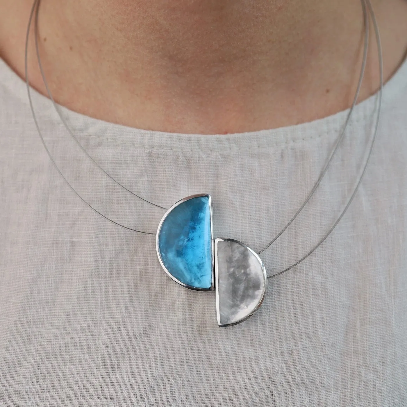 Aqua & White Half Moon Necklace
