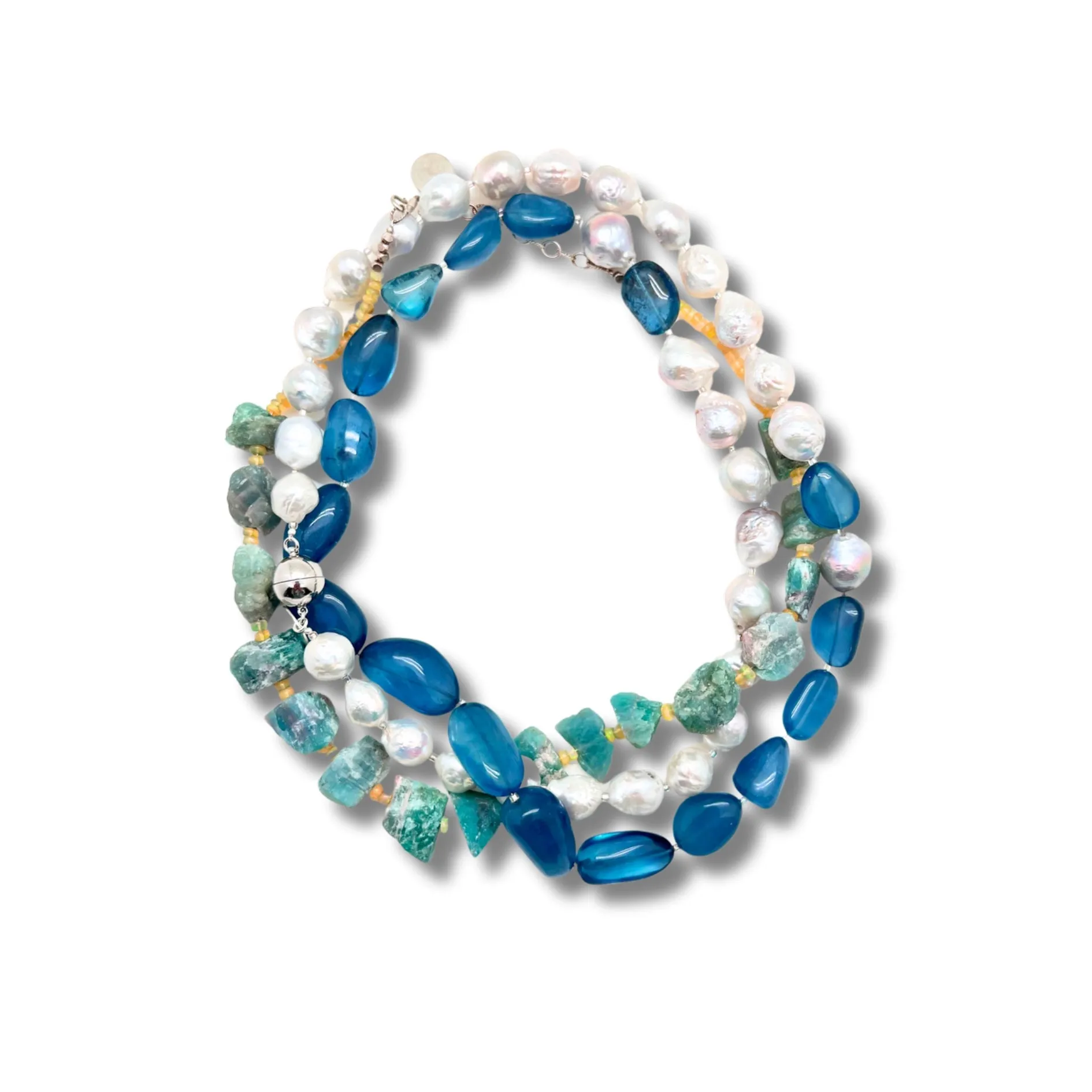 Aquamarine, Baroque Pearl & Silver Necklace