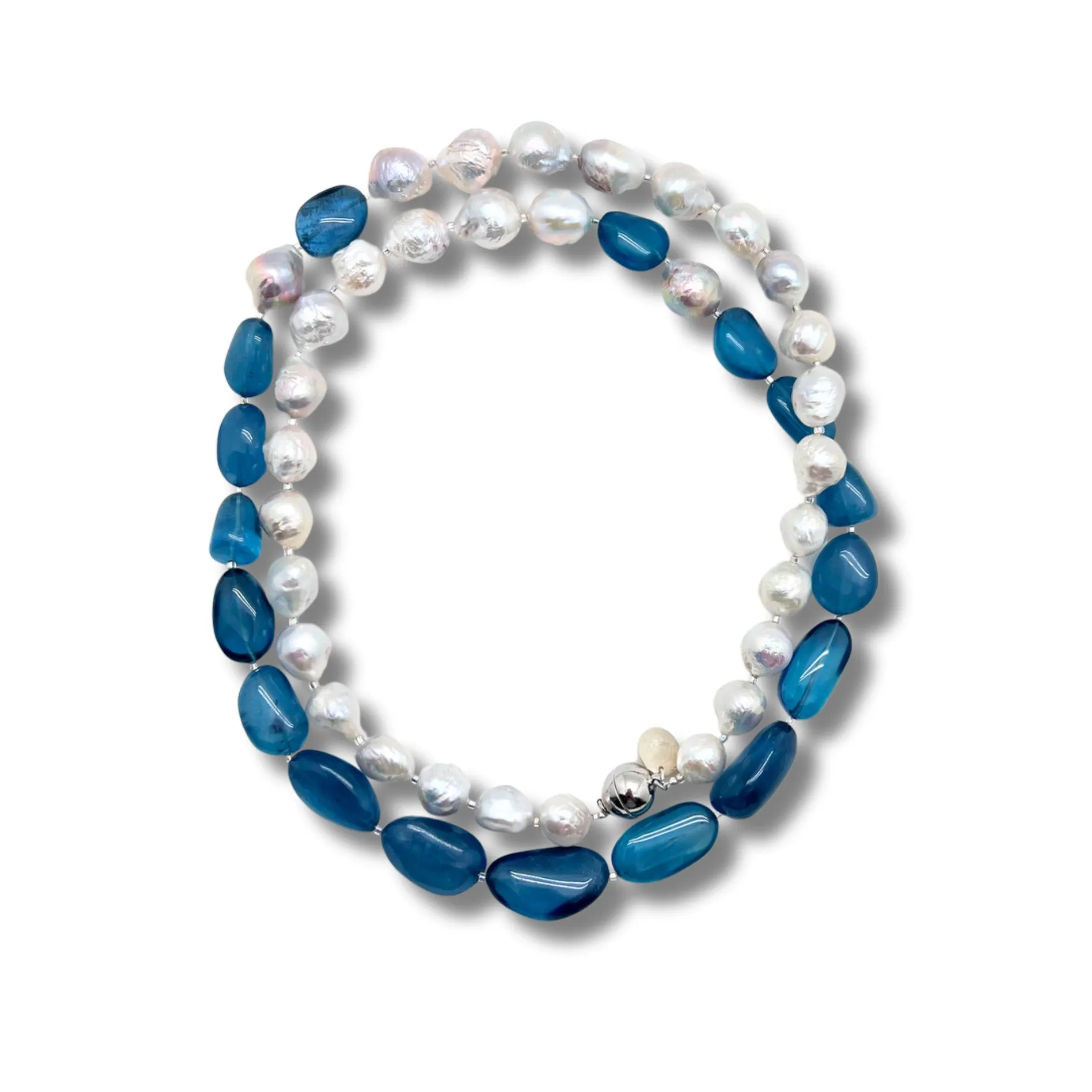 Aquamarine, Baroque Pearl & Silver Necklace
