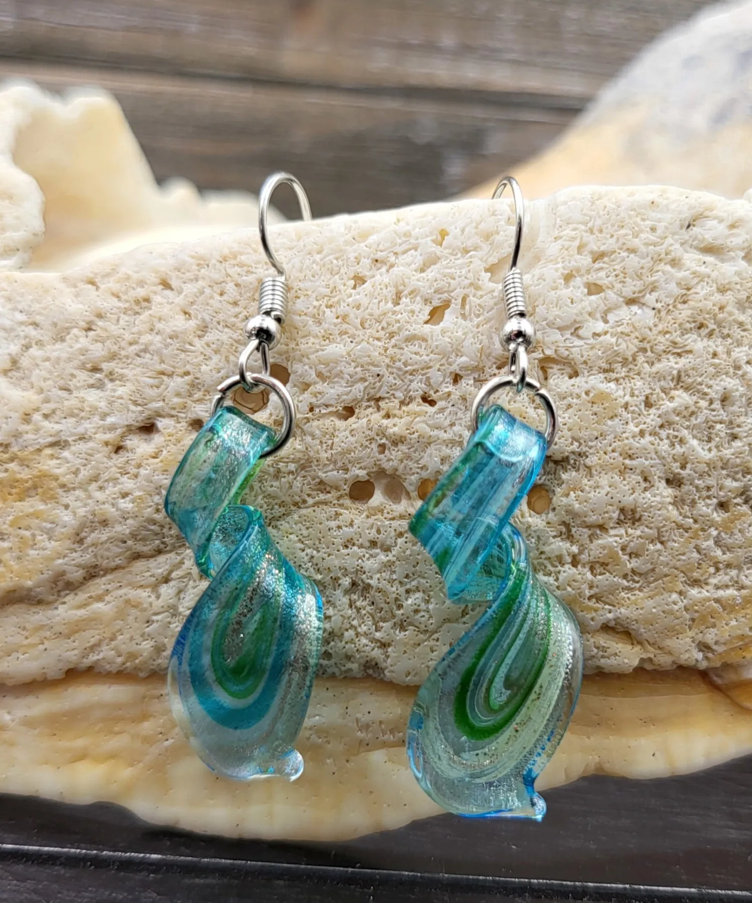 BESHEEK | Handmade Aqua Blue Twisted Twirl Drop Blown Glass Earrings