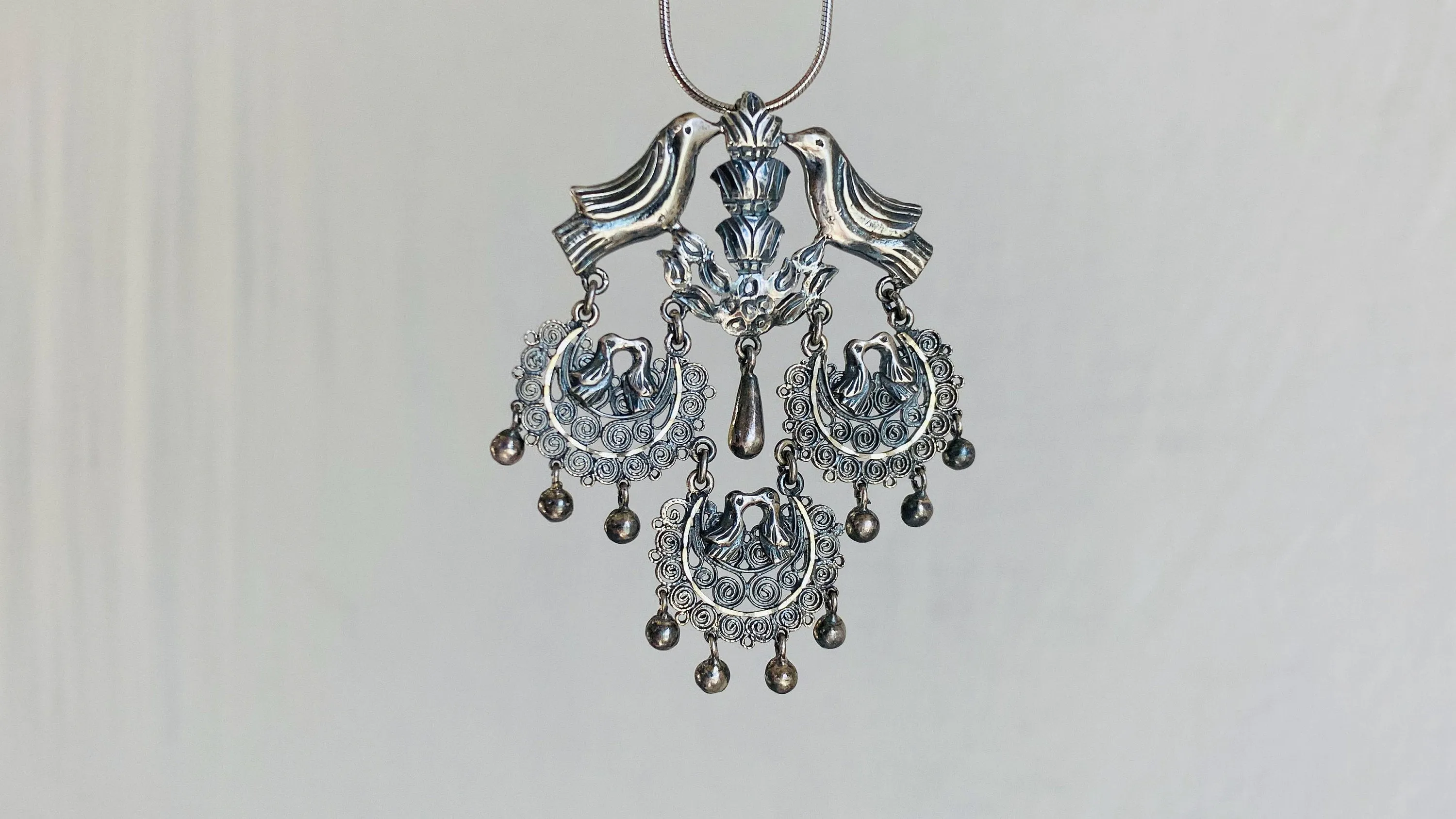 Birds Filigree Pendants Necklace. Mexico. Sterling Silver.