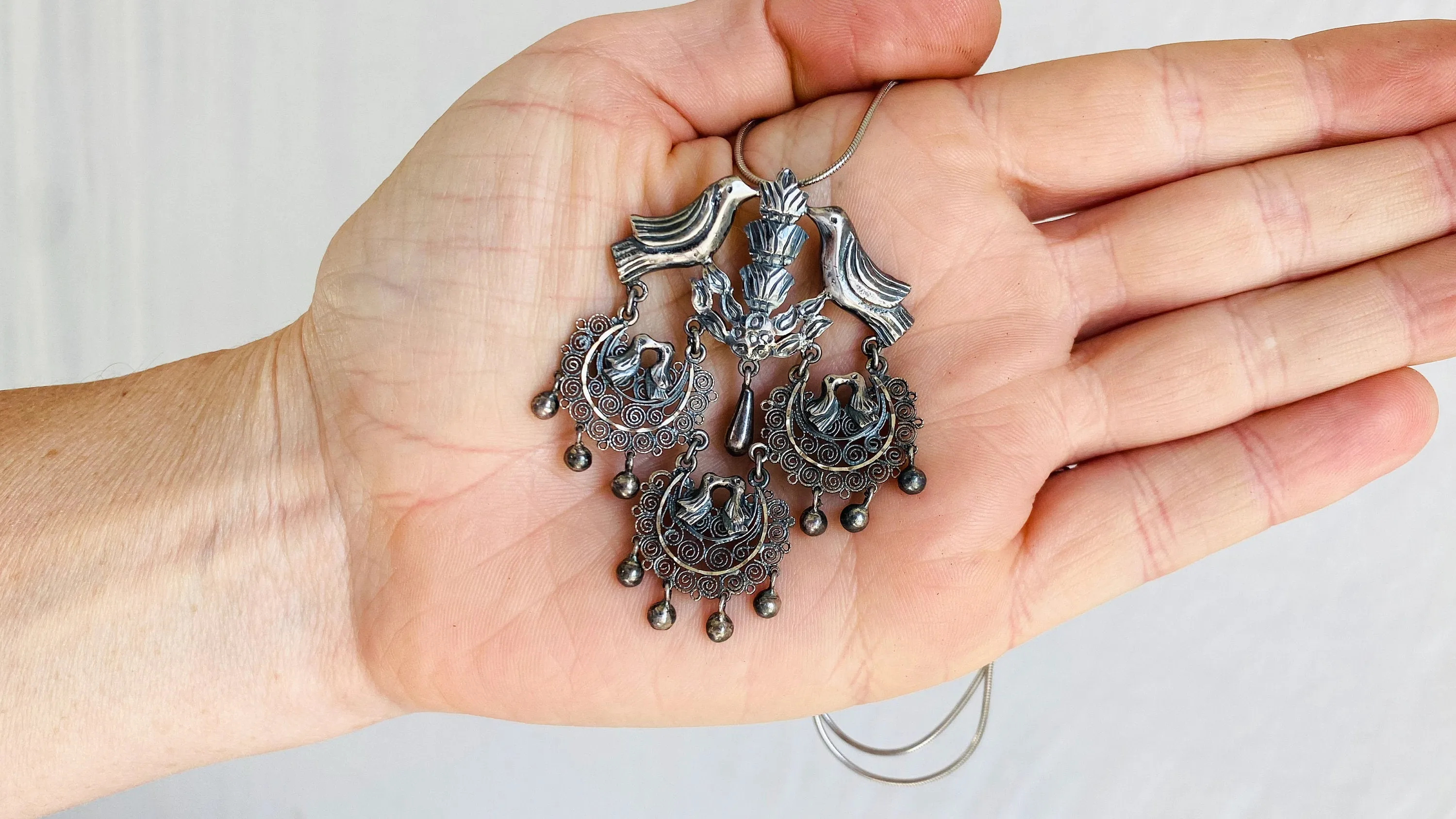 Birds Filigree Pendants Necklace. Mexico. Sterling Silver.