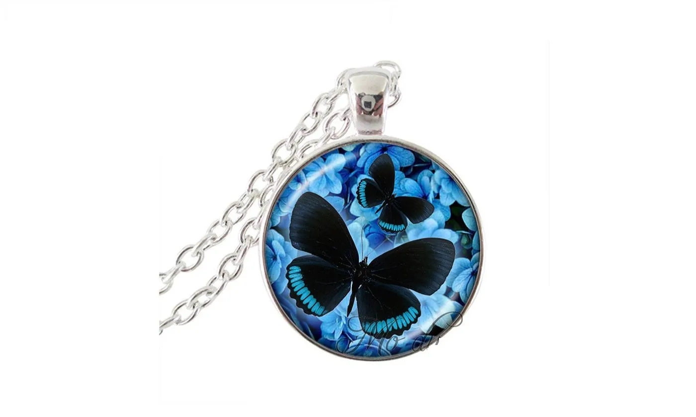 Blue and Lack Butterflies Glass Pendant Necklace