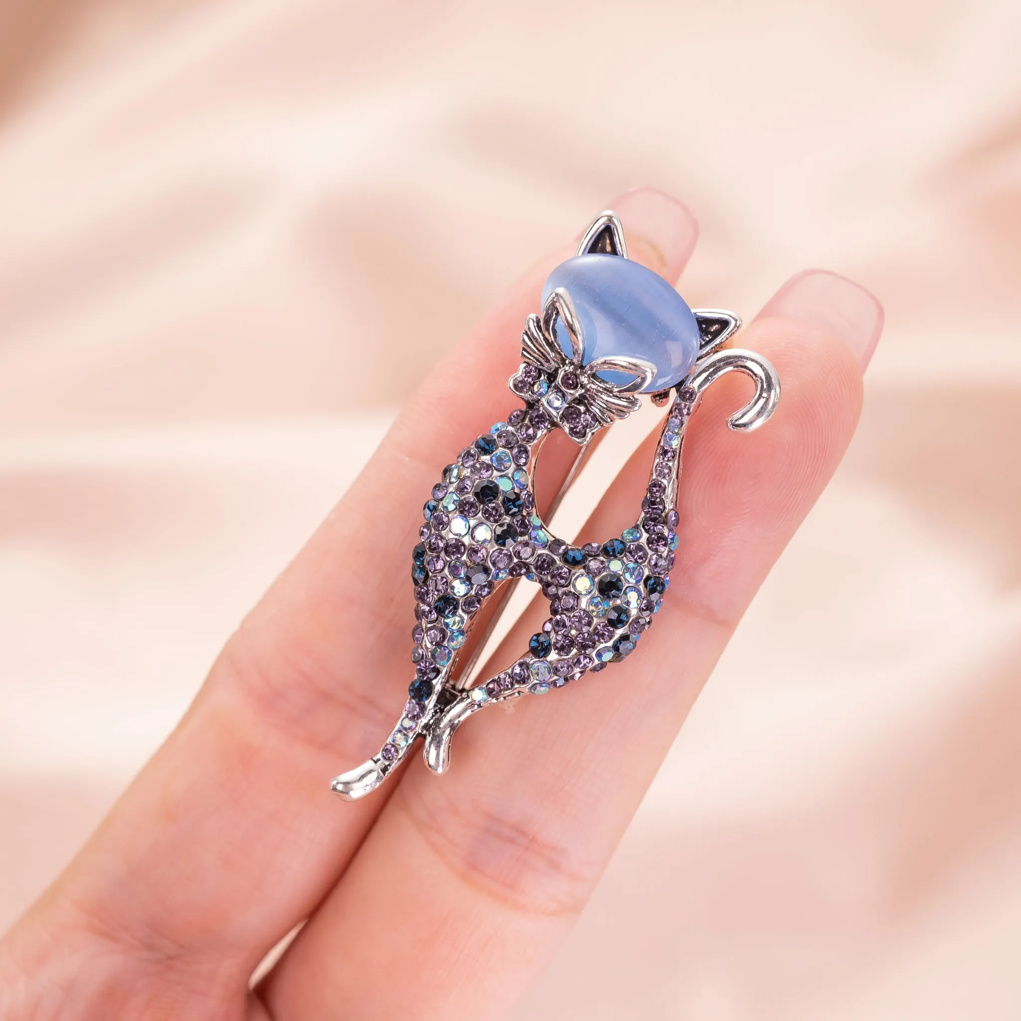 Blue Cats Eye Cat Brooch Pin Jewelry