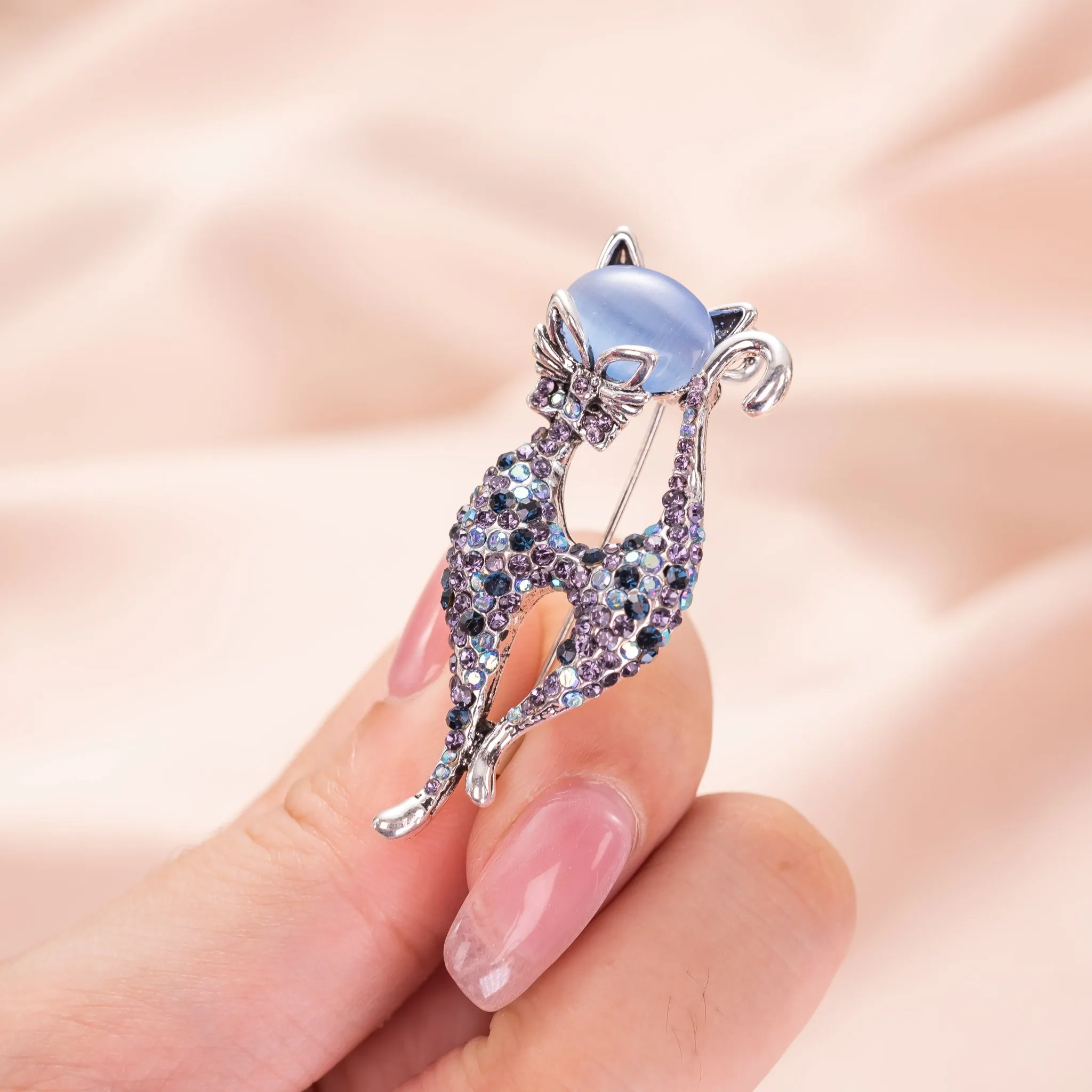 Blue Cats Eye Cat Brooch Pin Jewelry