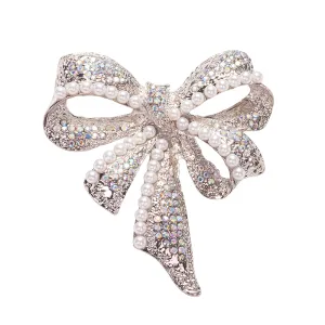 Bow Brooch Pin Jewelry with Pearl and crystal and Pendant Necklace with Steel Chain