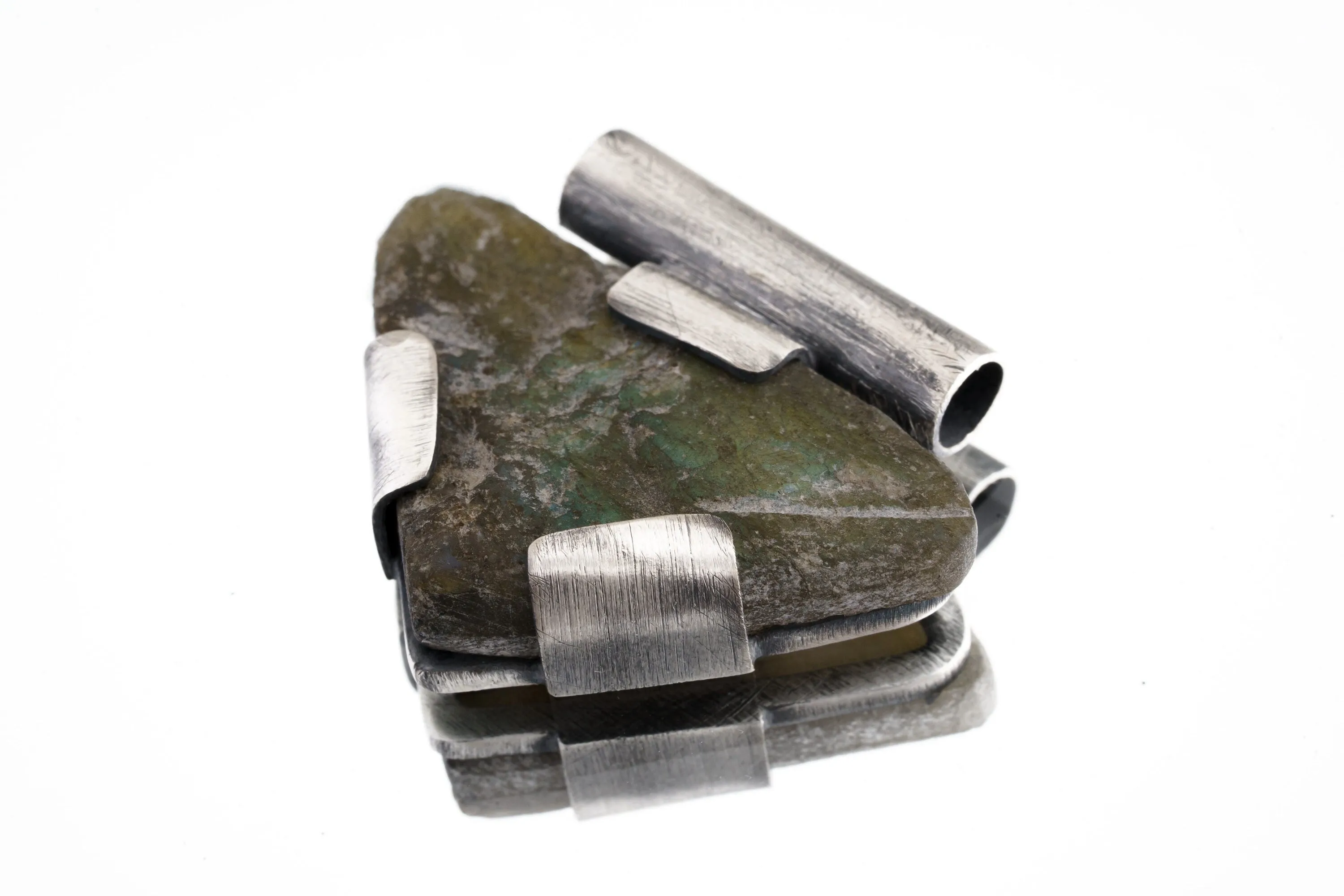 Brutalist Industrial Raw Labradorite Necklace - Oxidised & Brushed Sterling Silver - Strong Claw Setting - Crystal Pendant