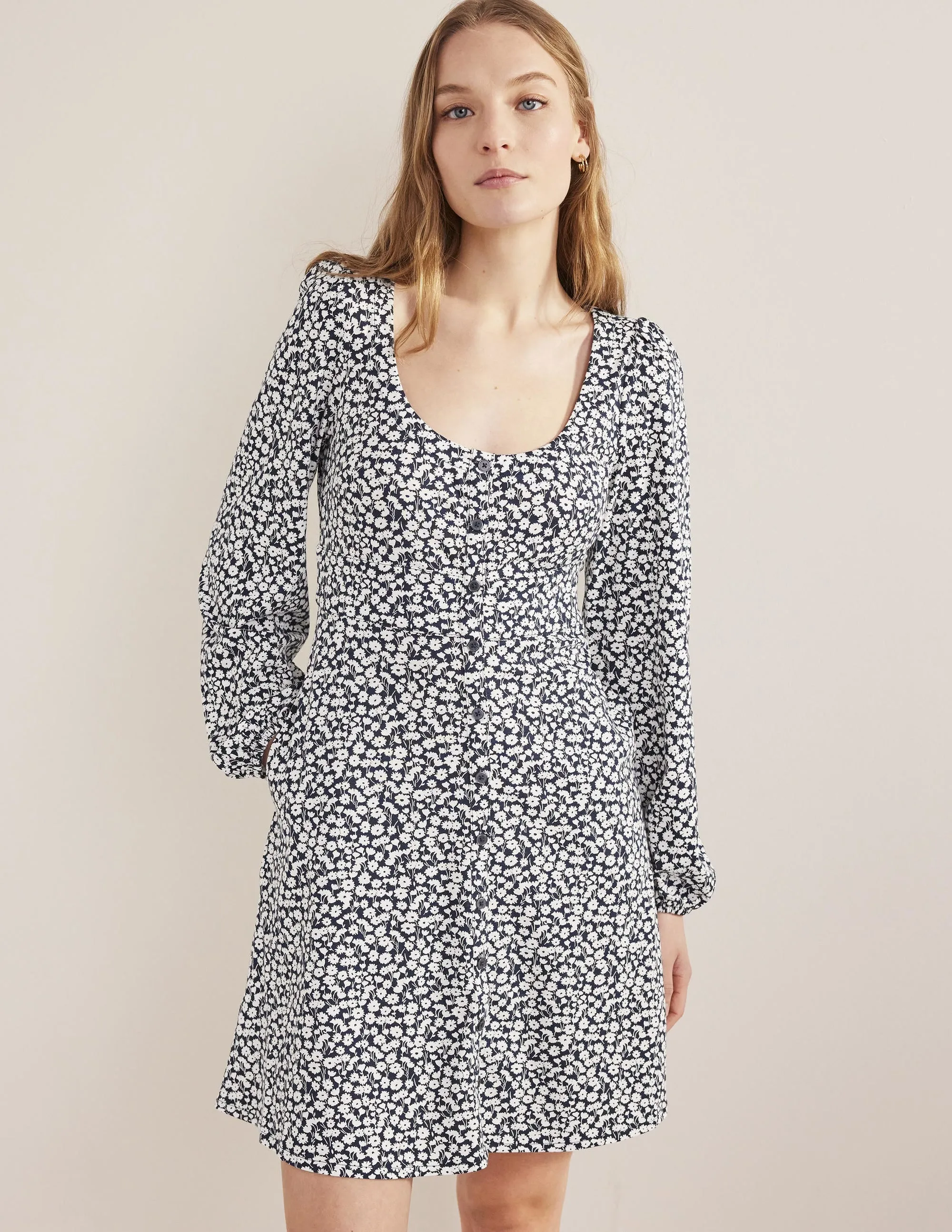 Button Front Jersey Mini Dress-French Navy, Tulip Sprig