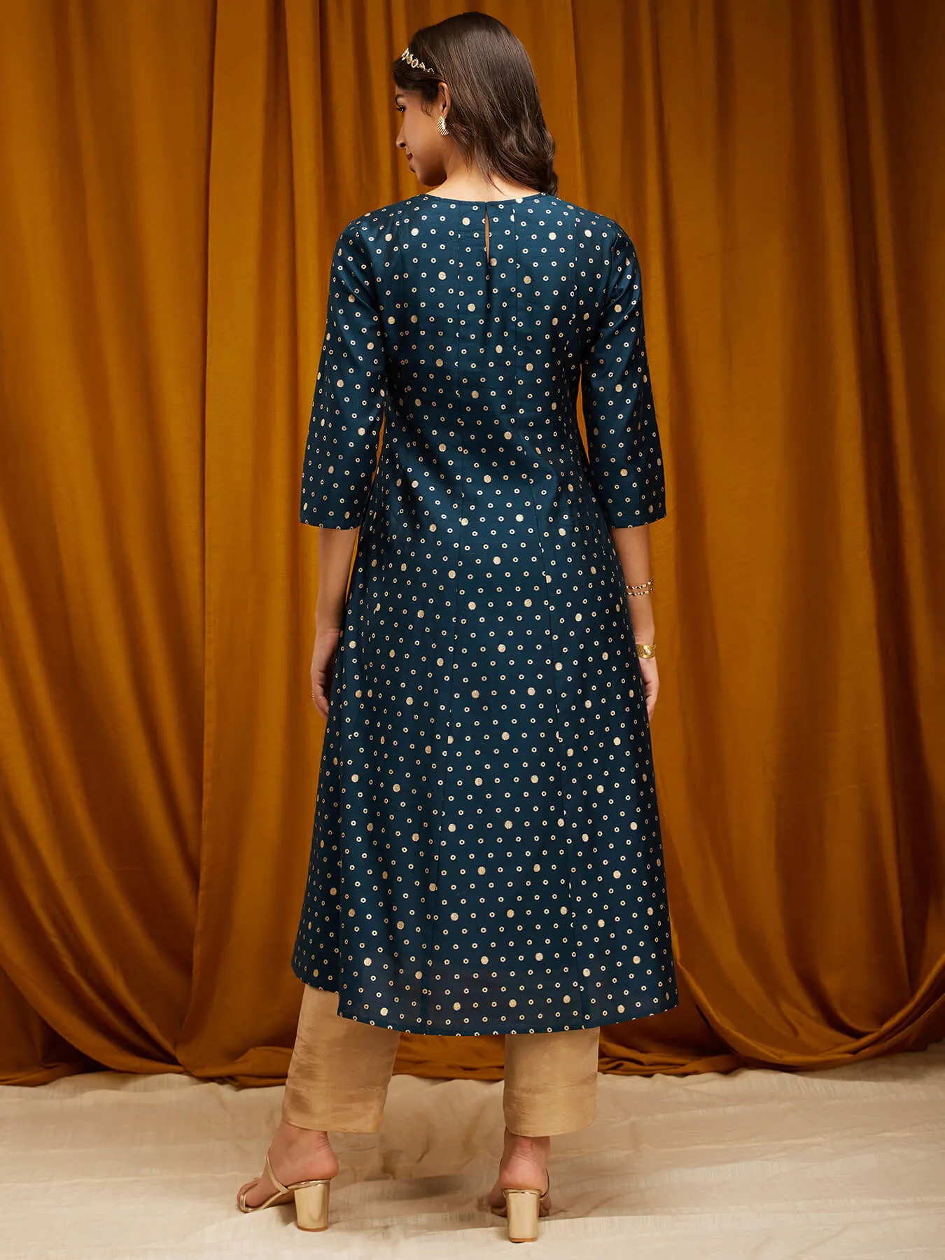 Chanderi Brocade Round Neck Kurta - Teal