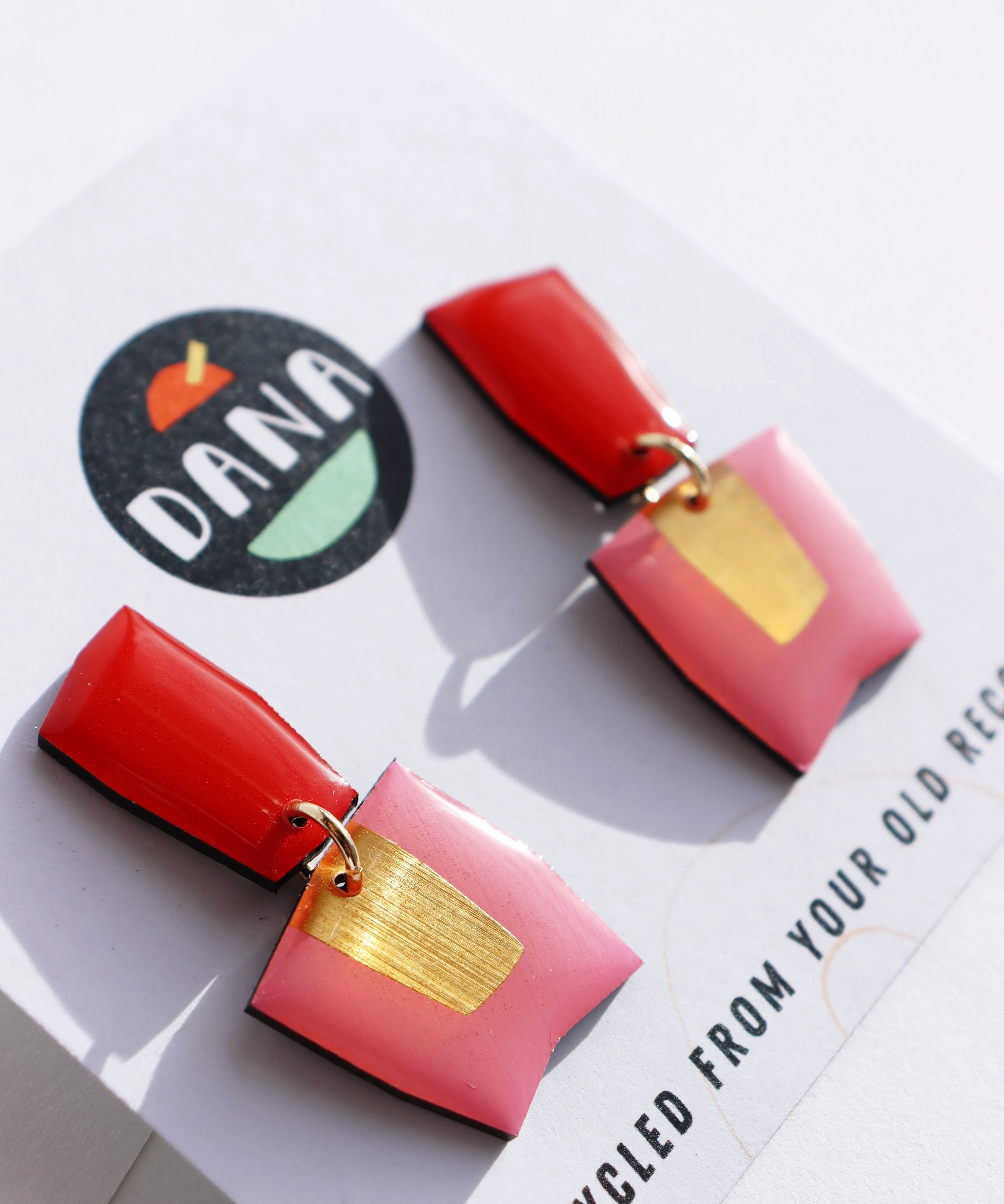 Connie no.2 / Contemporary upcycled vinyl earrings in vibrant red, candy pink and lush gold