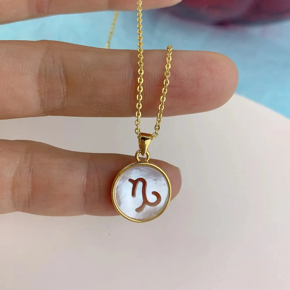Constellation Mother of Pearl Shell Charm Pendant Gold Necklace - White - Capricorn