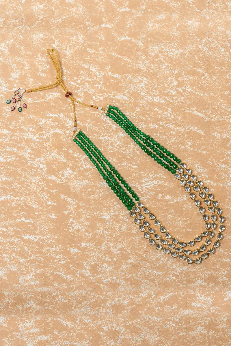 Dark Green Three Layered Kundan And Stone Mala