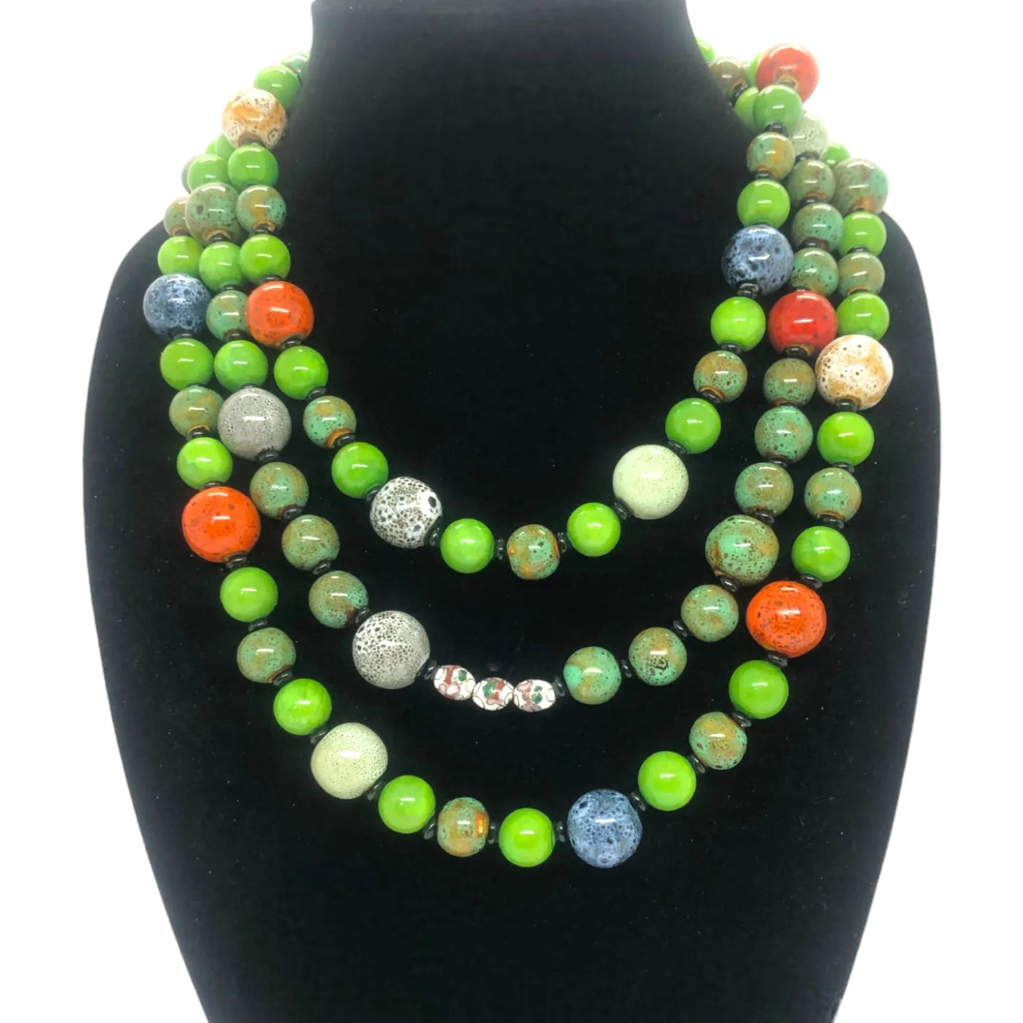 Evergreen Necklace | Layered Vibrant Porcelain & Glass Bead Jewelry