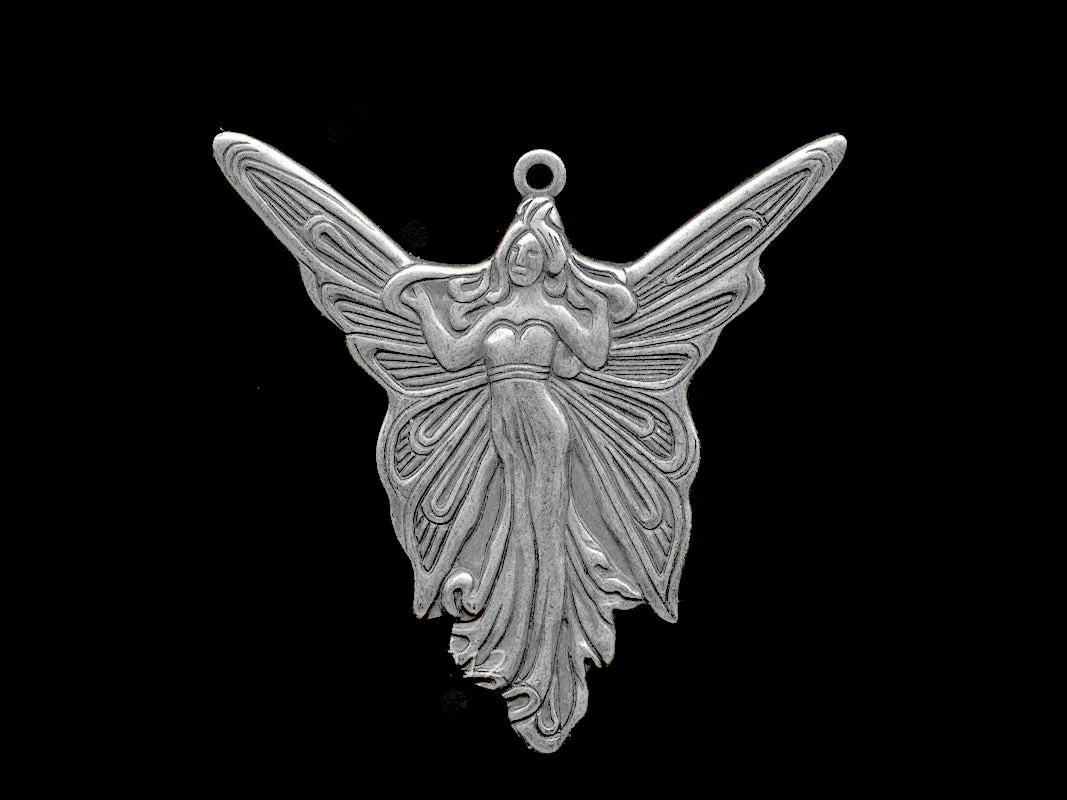 Fairy charm, Art Nouveau style,  silver plated brass,  30mm, 1 piece. B9-0838s
