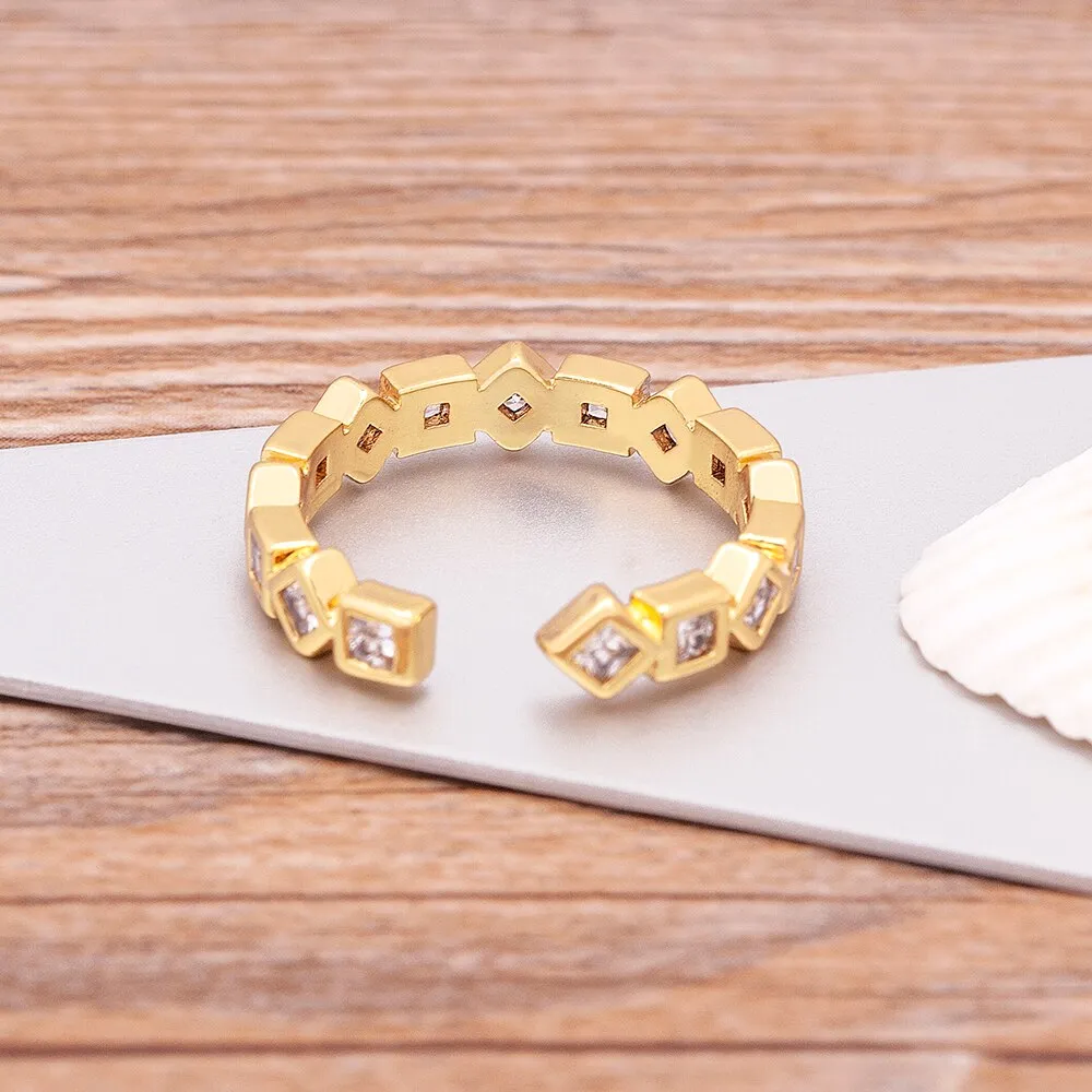 Fashion Hip-Hop Women Copper Zircon Personality Simple Gold Color Open Adjustable Ring
