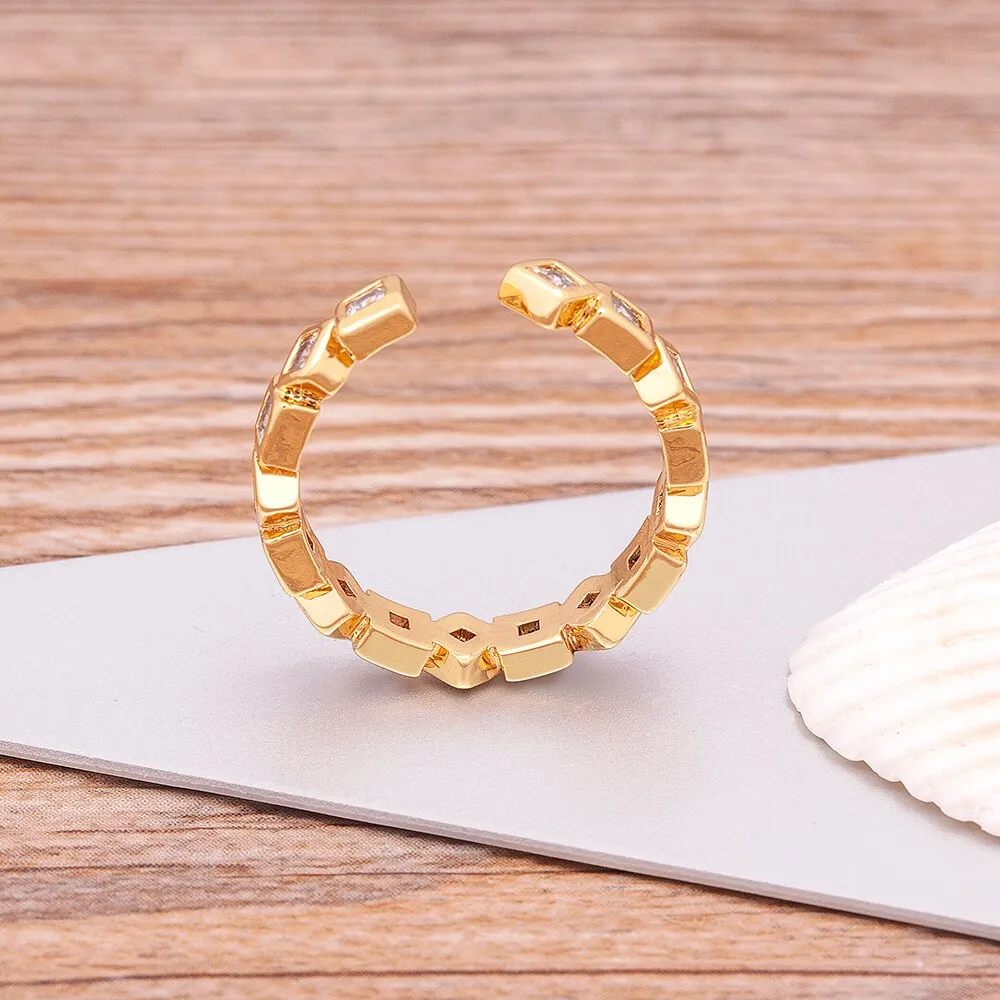 Fashion Hip-Hop Women Copper Zircon Personality Simple Gold Color Open Adjustable Ring