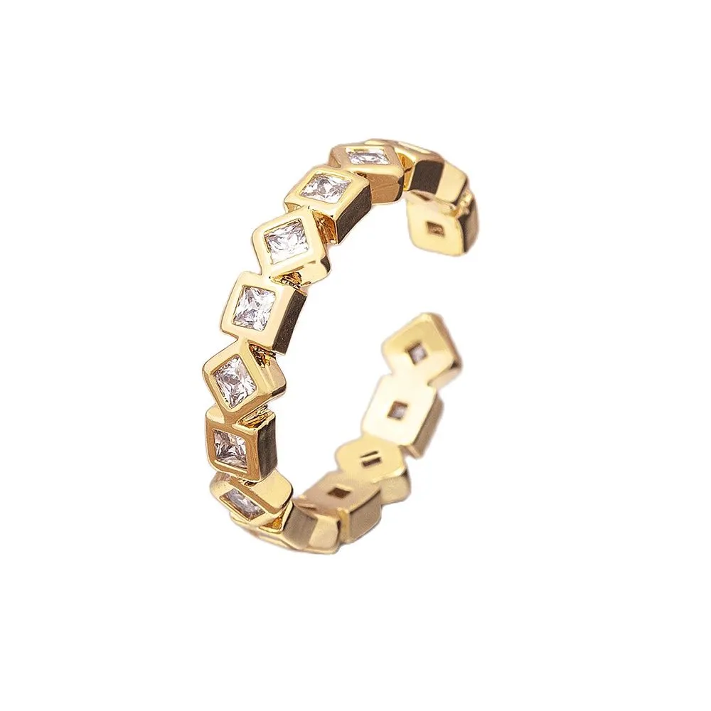 Fashion Hip-Hop Women Copper Zircon Personality Simple Gold Color Open Adjustable Ring