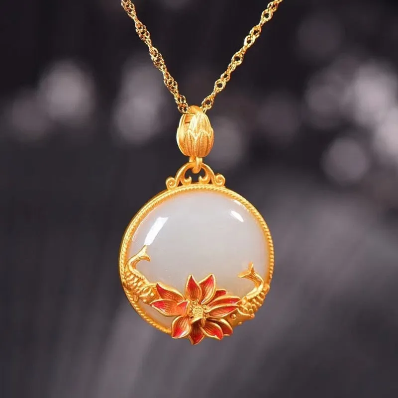 fish-shaped lotus flower natural Hetian jade pendant