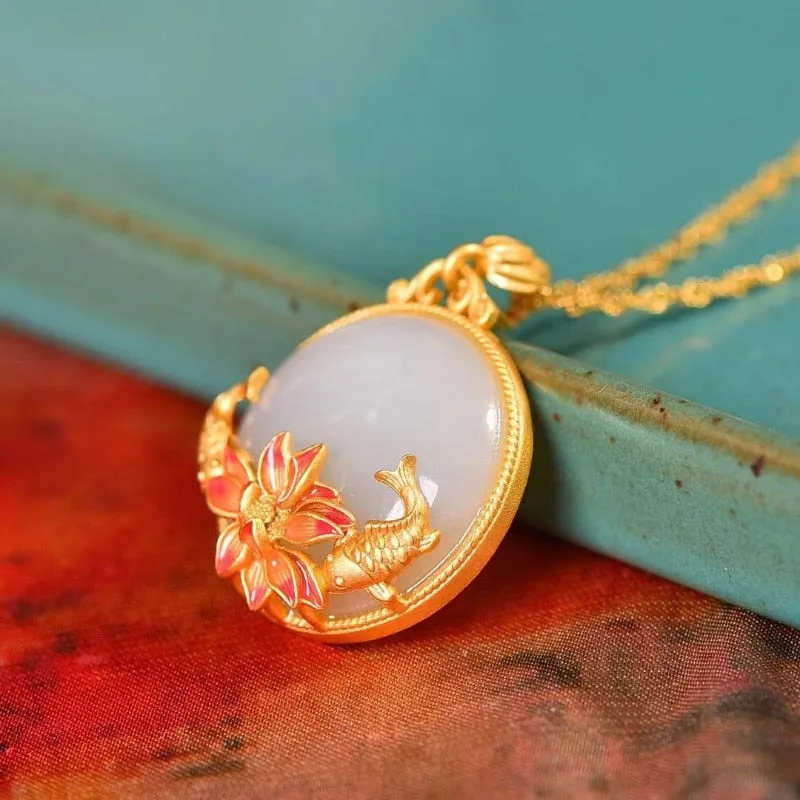 fish-shaped lotus flower natural Hetian jade pendant
