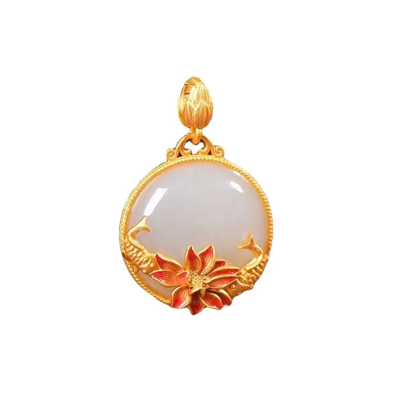 fish-shaped lotus flower natural Hetian jade pendant