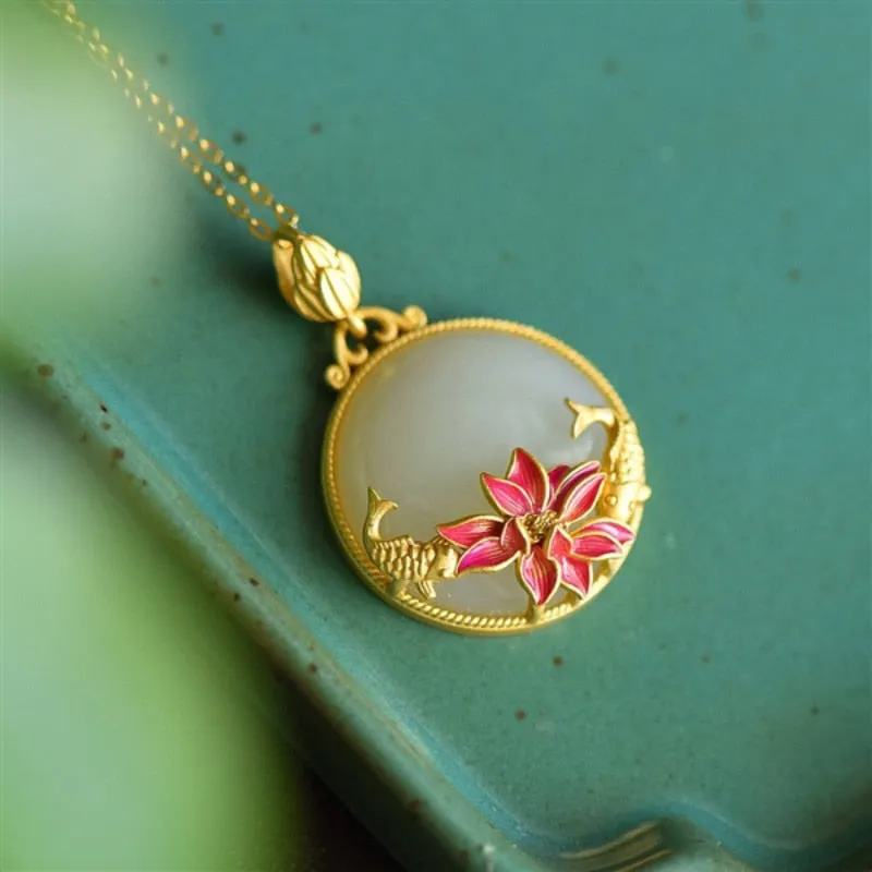 fish-shaped lotus flower natural Hetian jade pendant