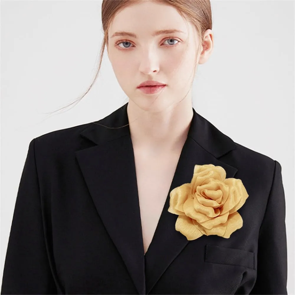 Flash Camellia Flower Brooch Pin for Women Men Elegant Texture Fabric Dahlia Rose Floral Brooches Lapel Pins Dainty Wedding Holiday Party Costume Dress Accessories Jewelry