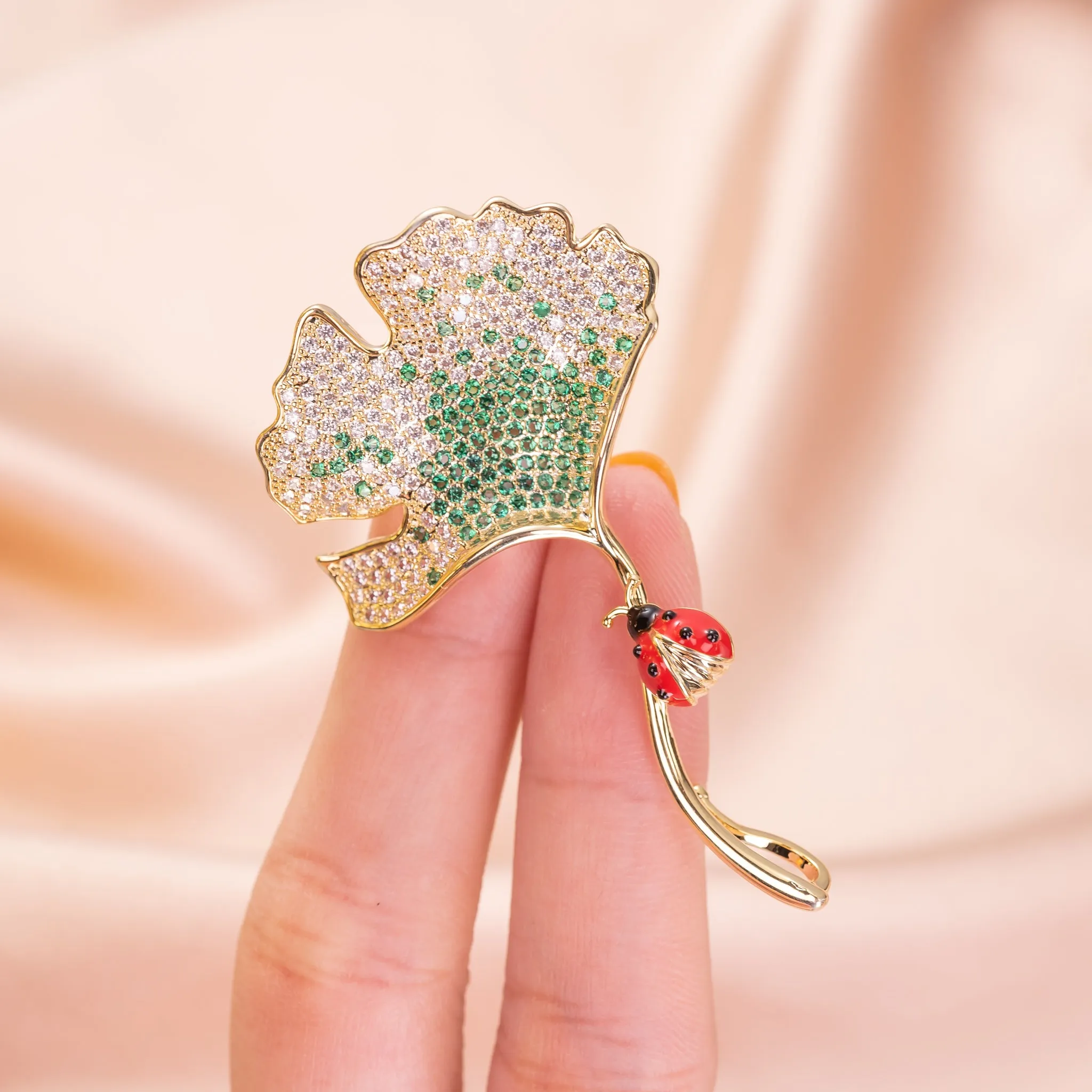 Ginkgo Lady Bug Brooch Pin Jewelry with CZ and with Yellow Gold over Brass