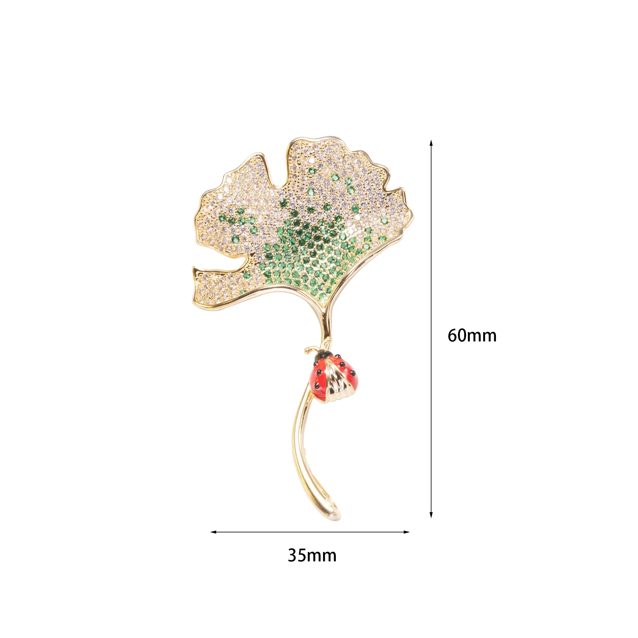 Ginkgo Lady Bug Brooch Pin Jewelry with CZ and with Yellow Gold over Brass