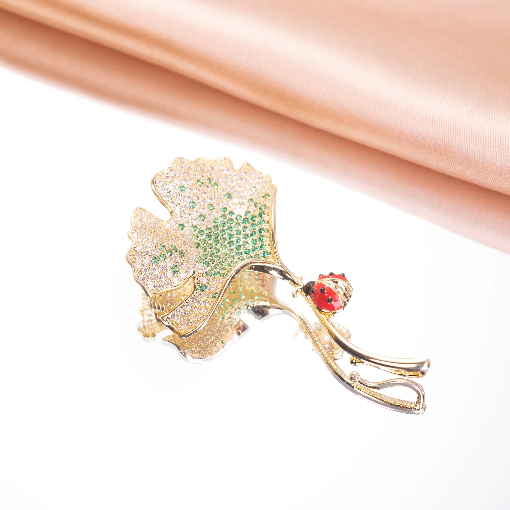 Ginkgo Lady Bug Brooch Pin Jewelry with CZ and with Yellow Gold over Brass