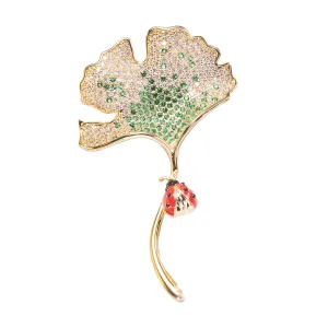 Ginkgo Lady Bug Brooch Pin Jewelry with CZ and with Yellow Gold over Brass