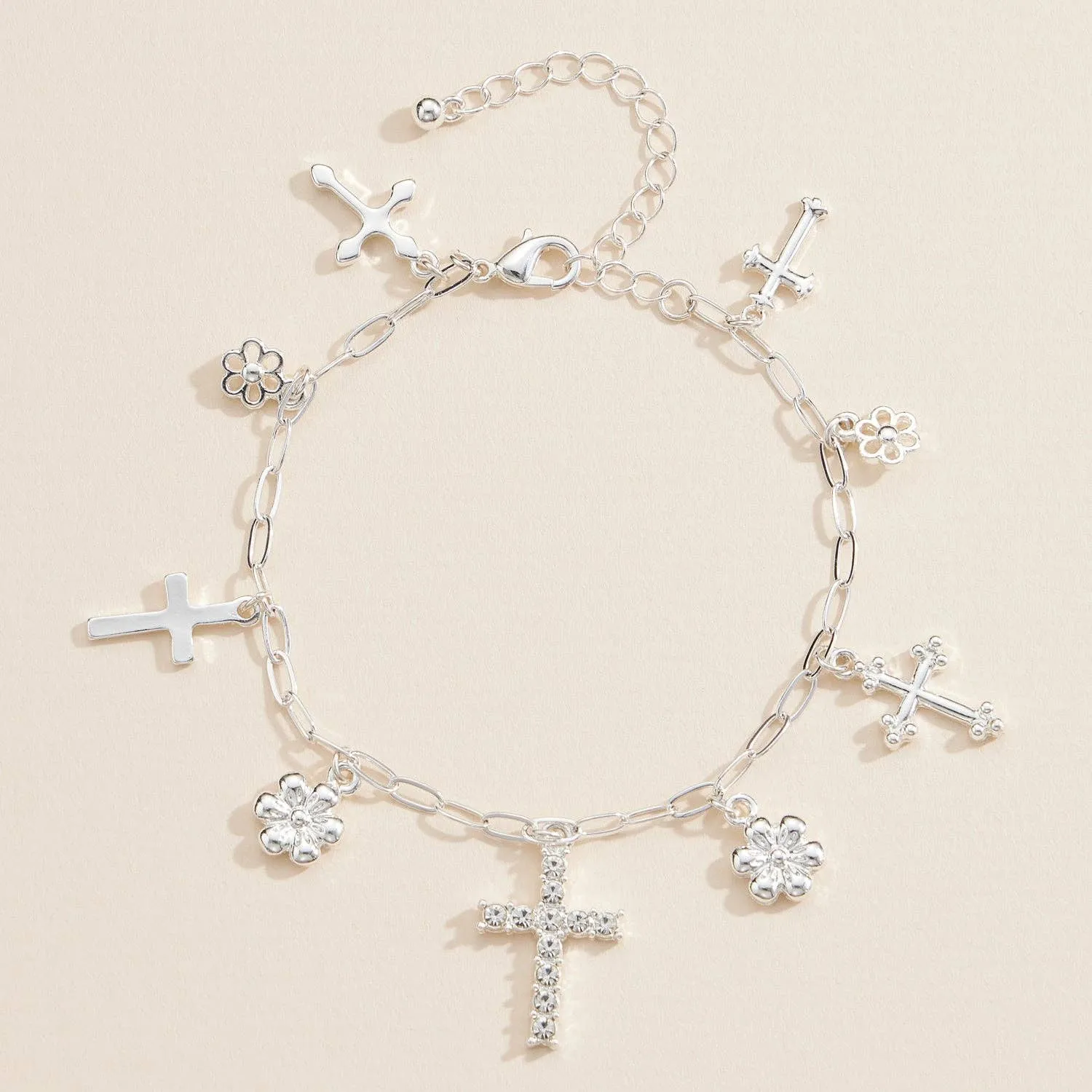 Gold and Silver Charm Bracelet with Different Style Cross and Floral Pendants  Fashion Jewelry