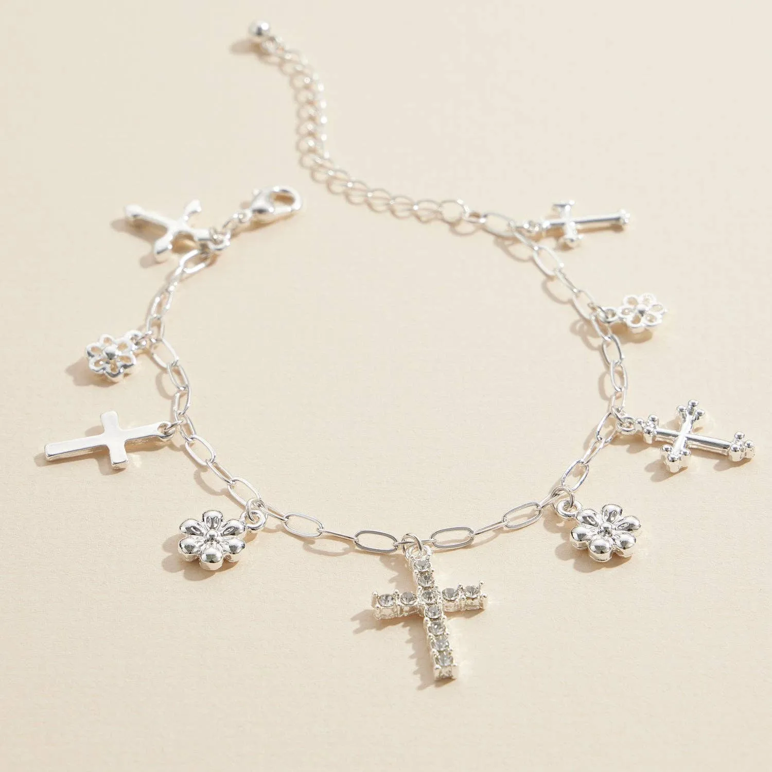 Gold and Silver Charm Bracelet with Different Style Cross and Floral Pendants  Fashion Jewelry
