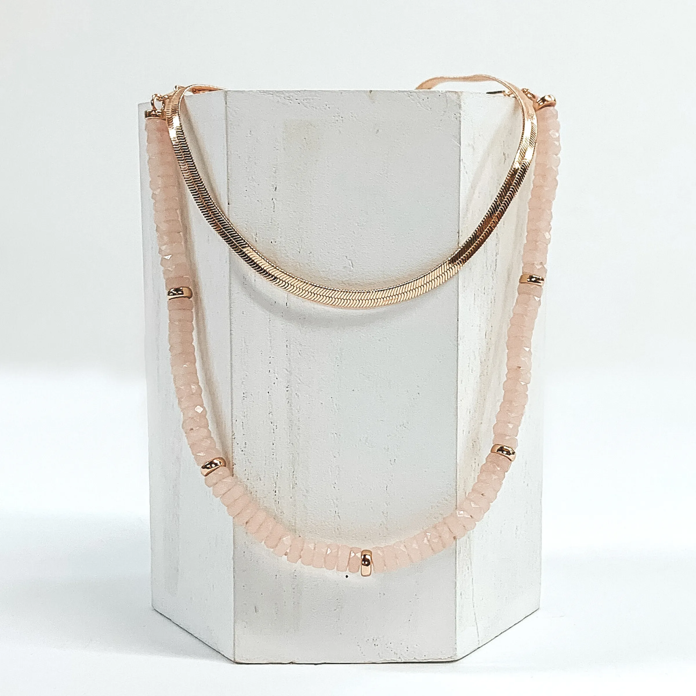 Gold Tone Herringbone Chain and Resin Beaded Layered Necklace in Blush