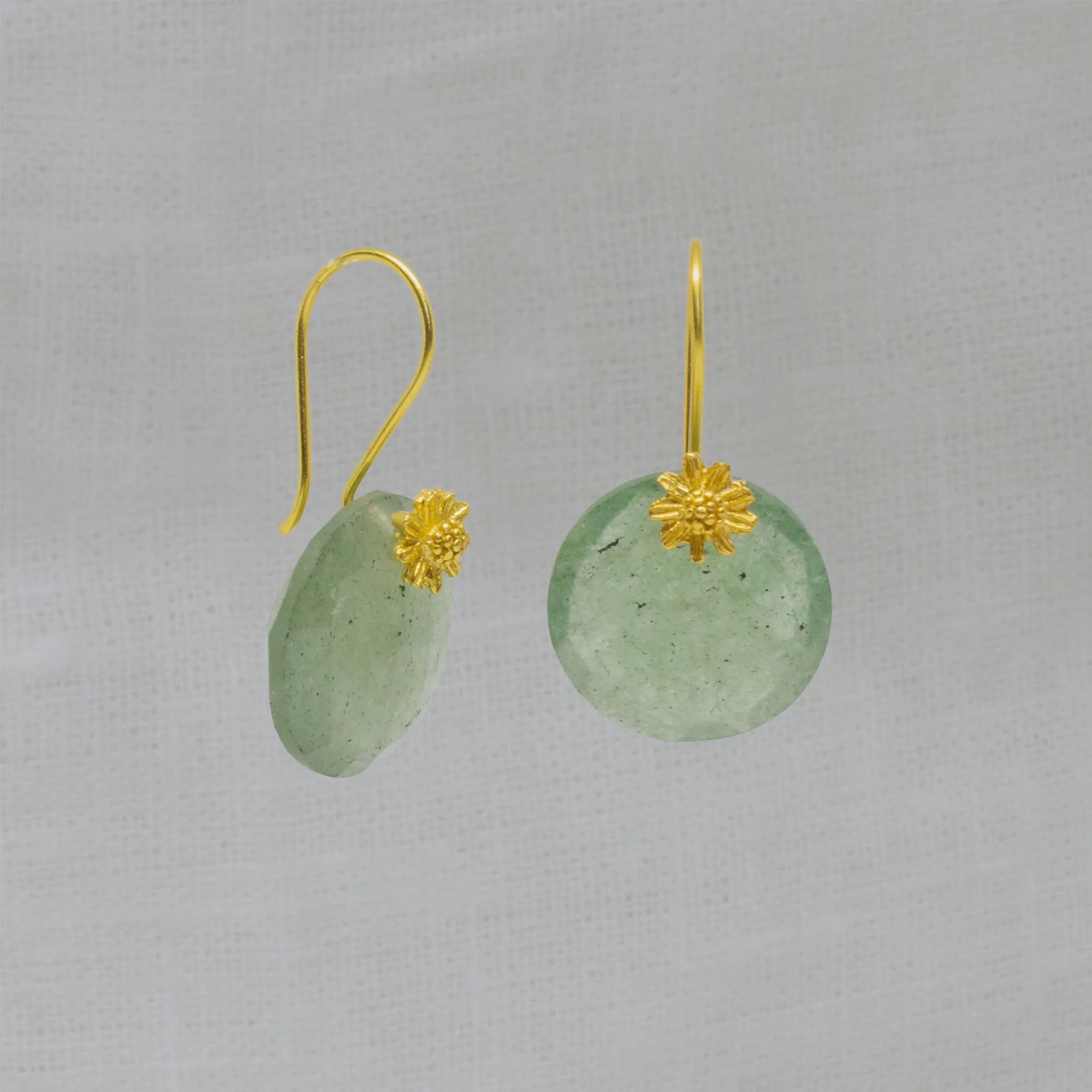 Green Aventurine and Gold Flower Hook Earrings