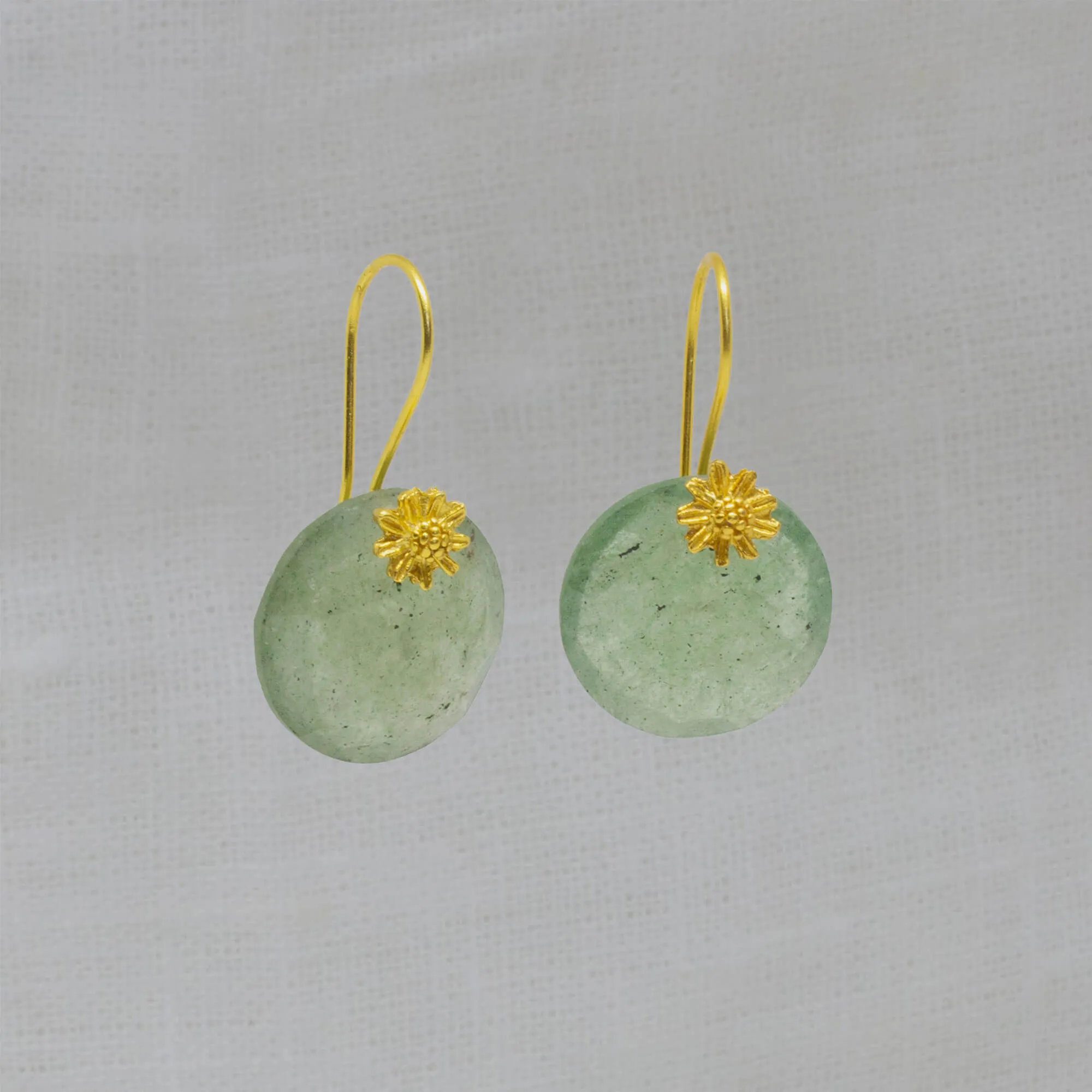 Green Aventurine and Gold Flower Hook Earrings