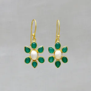 Green Onyx and Pearl Flower Drop Earrings