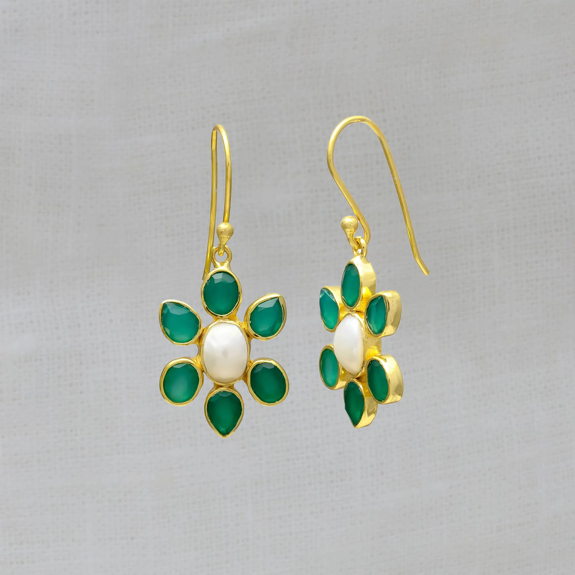 Green Onyx and Pearl Flower Drop Earrings
