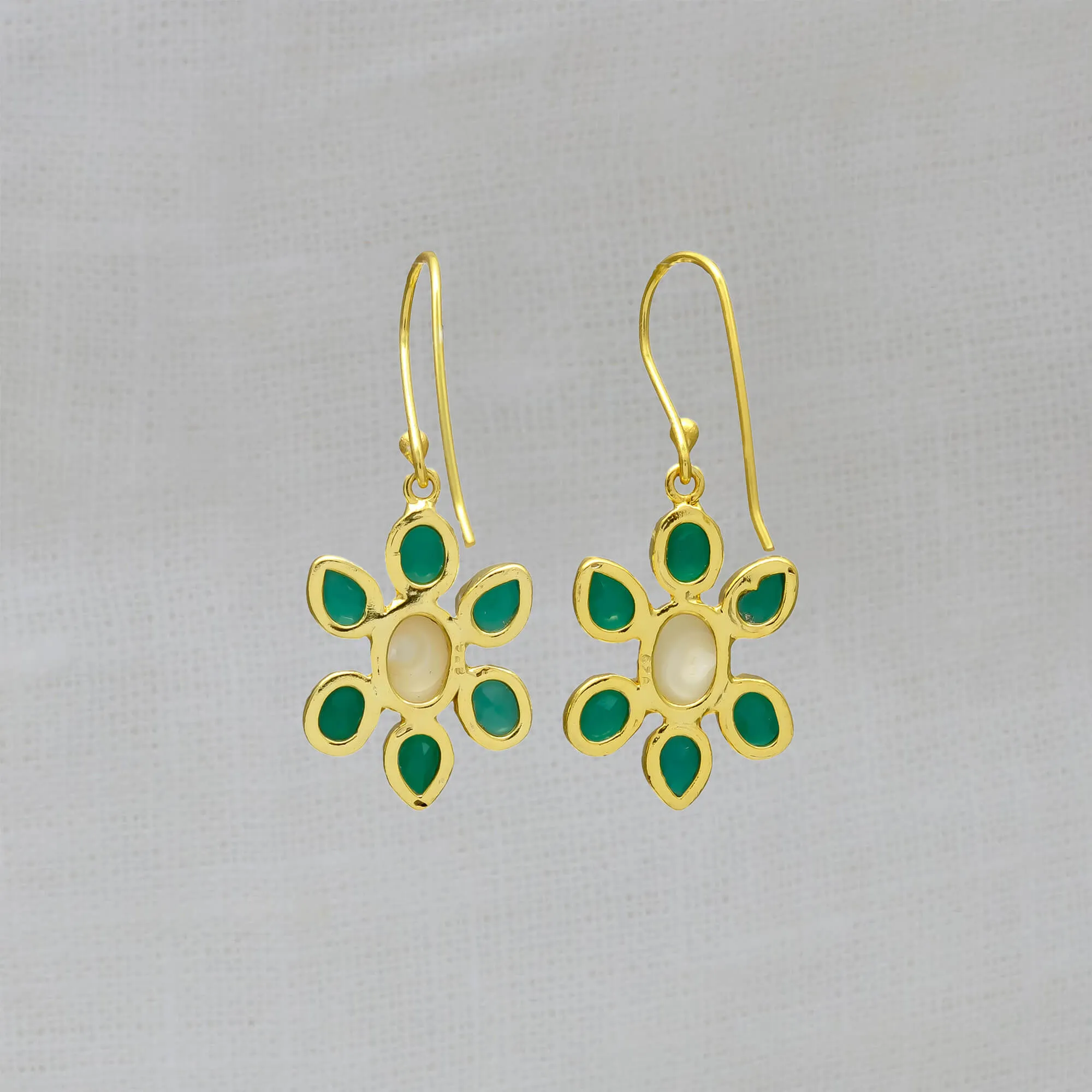 Green Onyx and Pearl Flower Drop Earrings