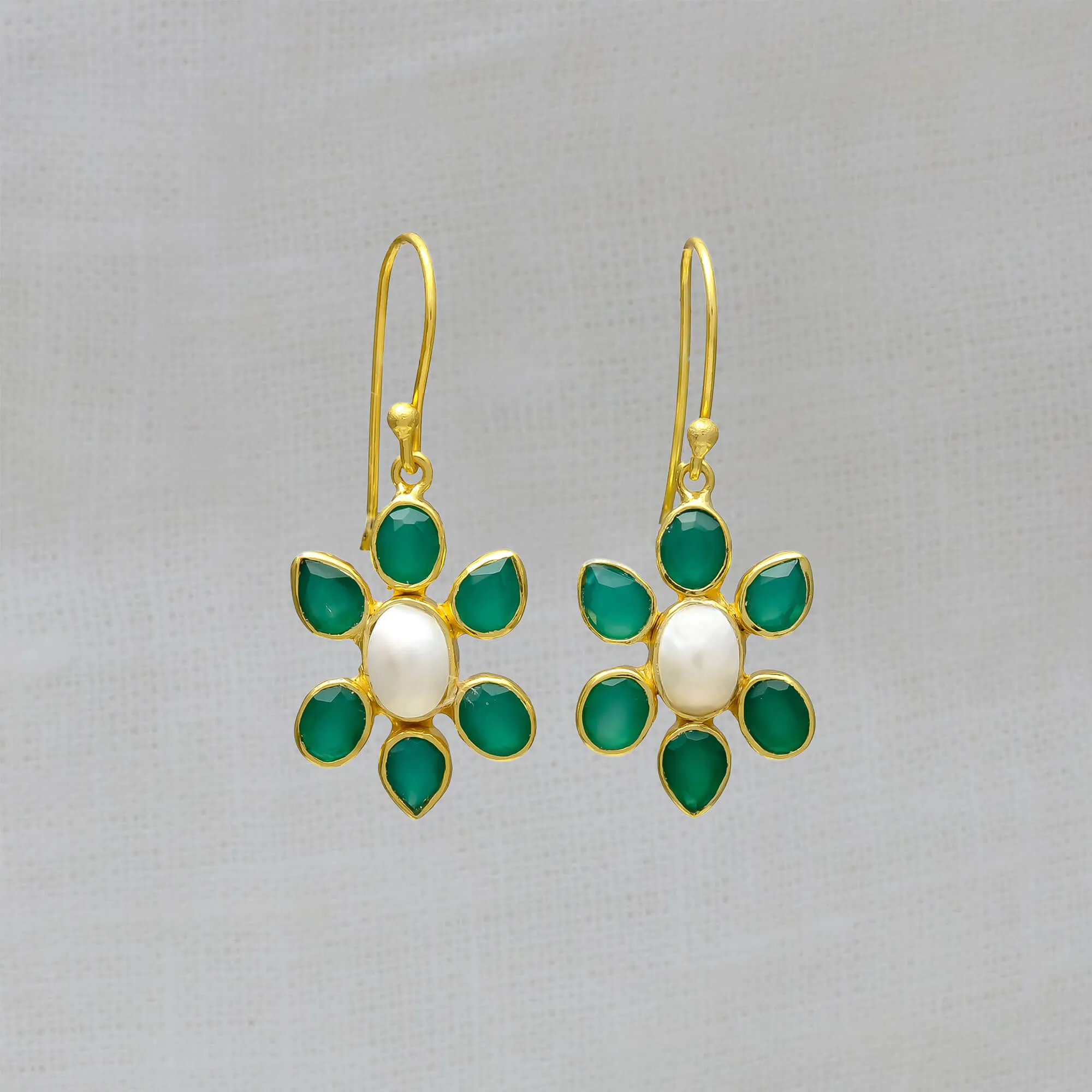 Green Onyx and Pearl Flower Drop Earrings