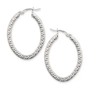 High Polish Greek Key Oval Hoop Earrings .925 Sterling Silver