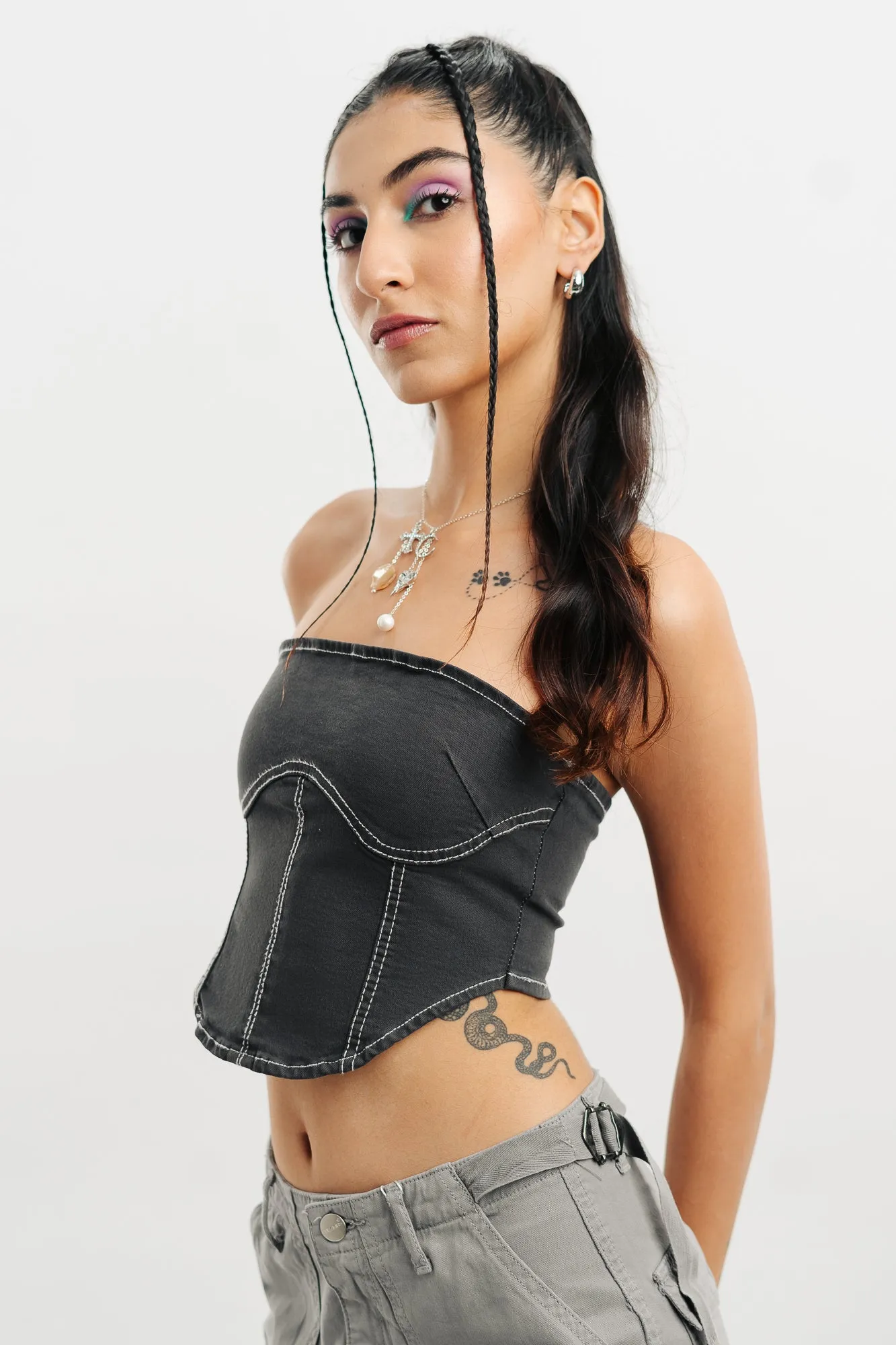Indie Contrast Denim Bustier Top