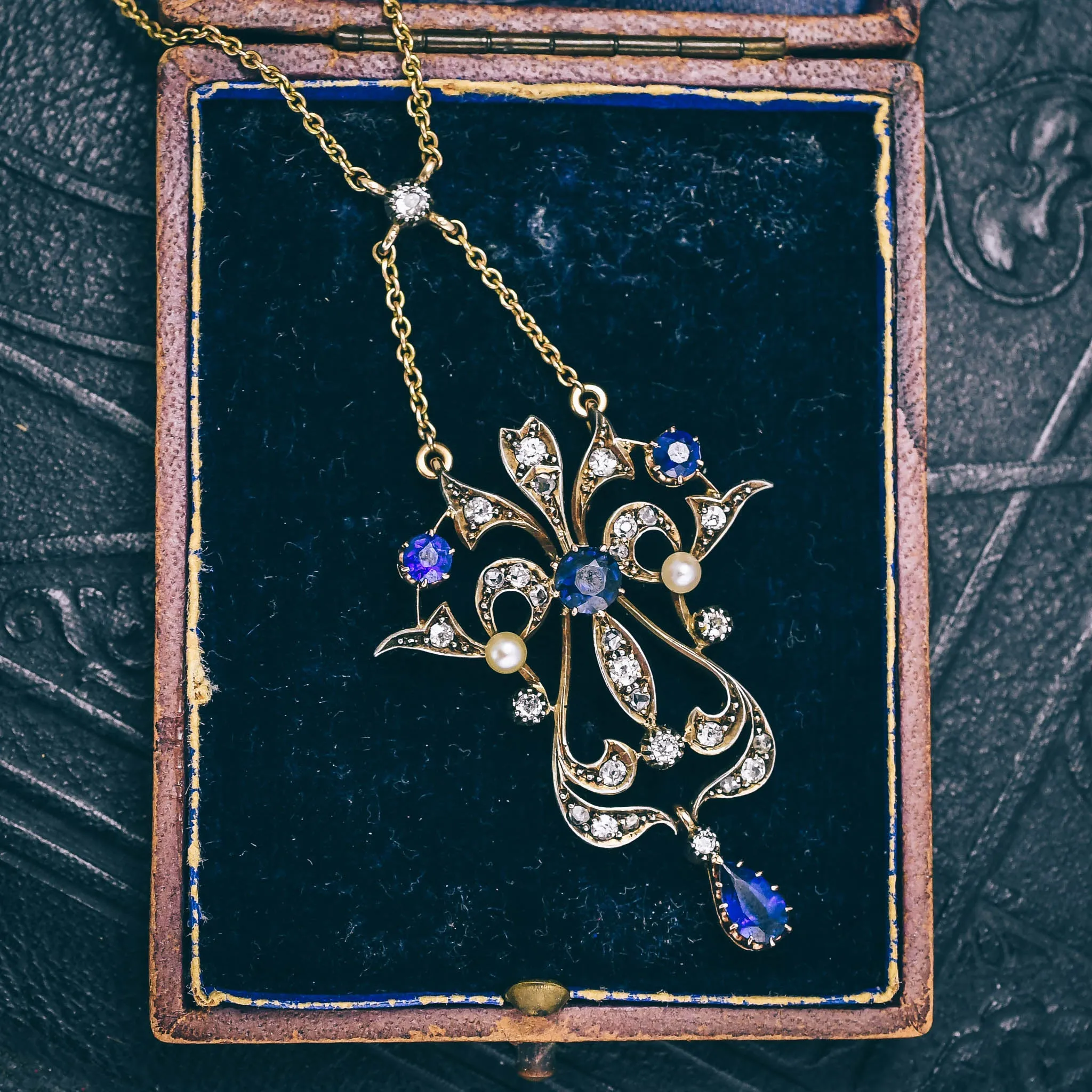 Late Victorian Sapphire, Pearl & Diamond Lavalier Pendant
