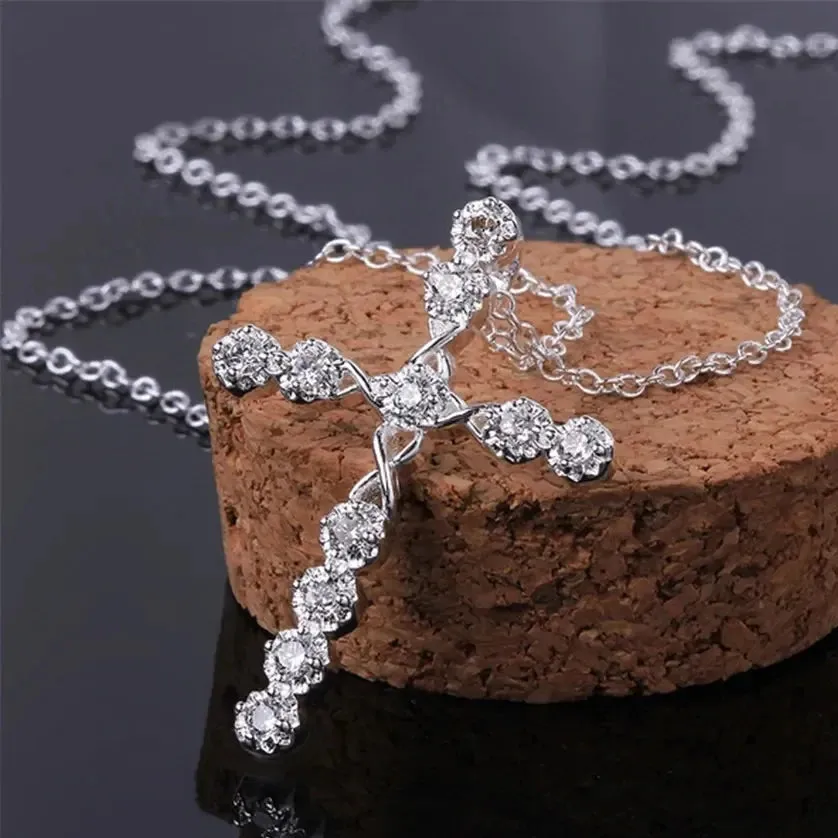 Luxurious Crystal Cross 925 Sterling Silver Necklace for Women Noble Charm Fashion Jewelry