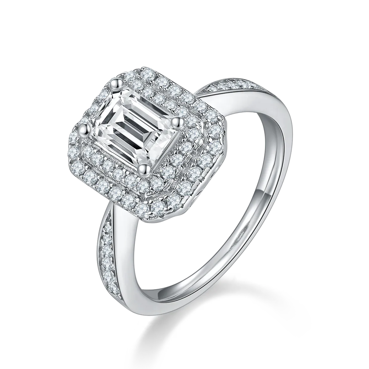 Luxurious Soleste Halo 1.0 carat Emerald Cut Moissanite Engagement Ring