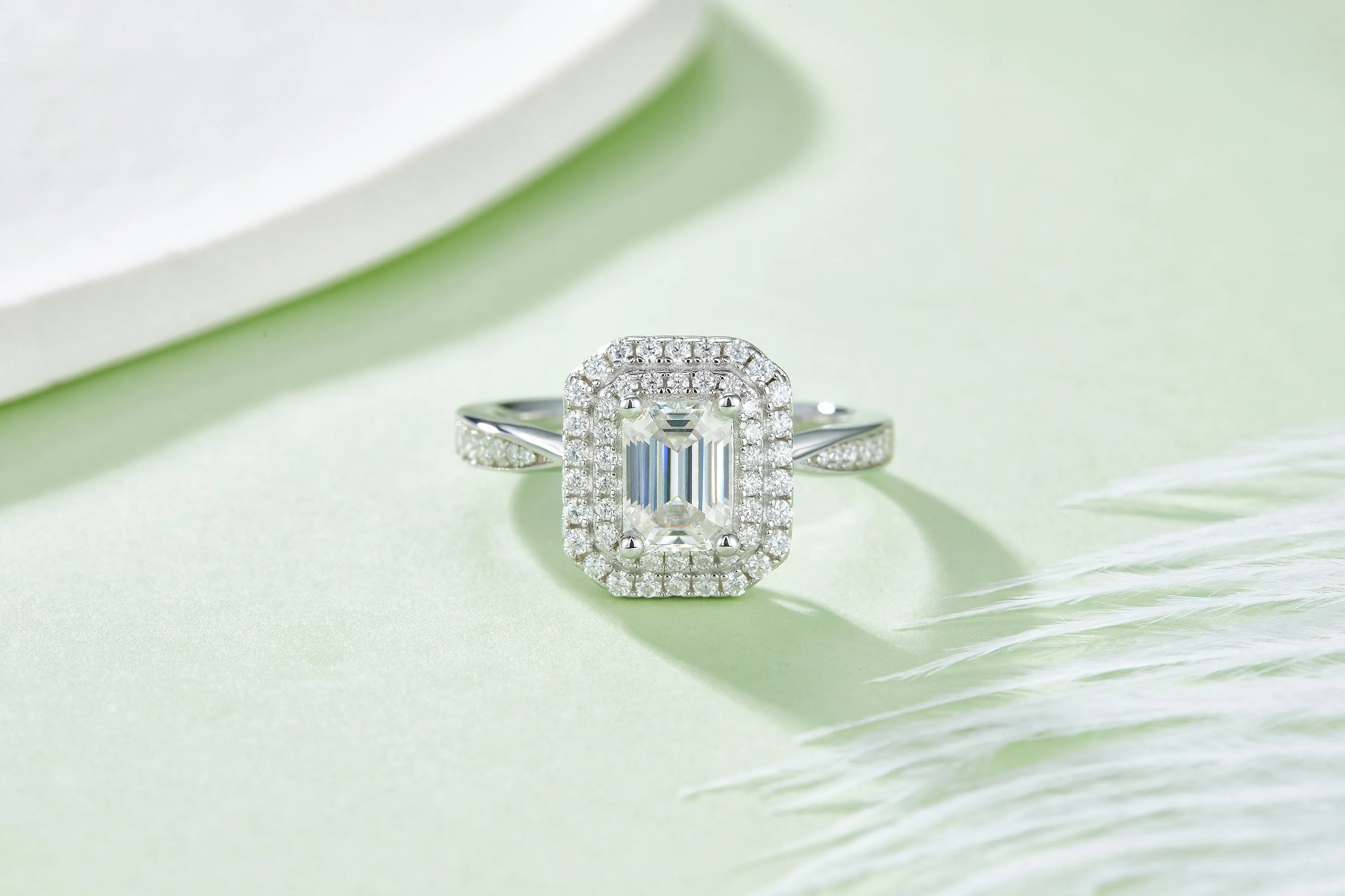 Luxurious Soleste Halo 1.0 carat Emerald Cut Moissanite Engagement Ring