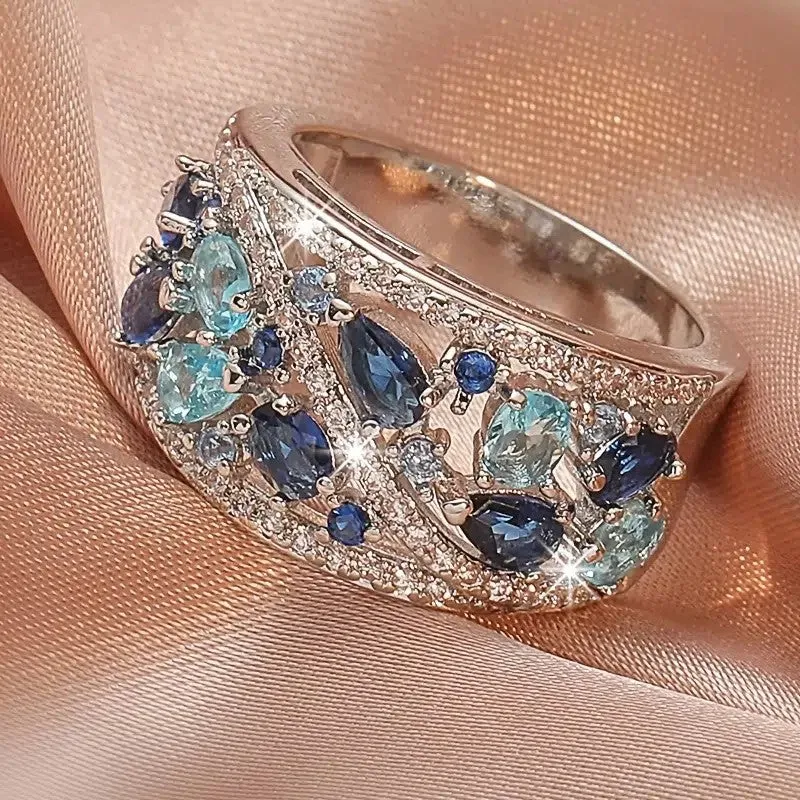 Marvelous Dazzling Blue Topaz 18K White Gold-Plated Zirconia Bridal, Wedding, Engagement Valentine's Women Ring